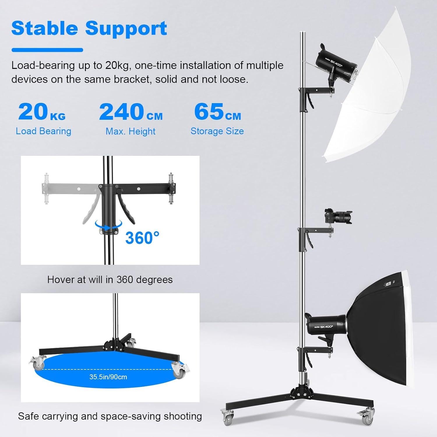 Photography Light Stand Based on Wheels Max Loading: 20kg/44lb Stainless Steel Heavy Duty Light Stand with Casters & A Sliding Arm Max Height 2.5m/8.2ft for Photography Studio Monolight Softbox