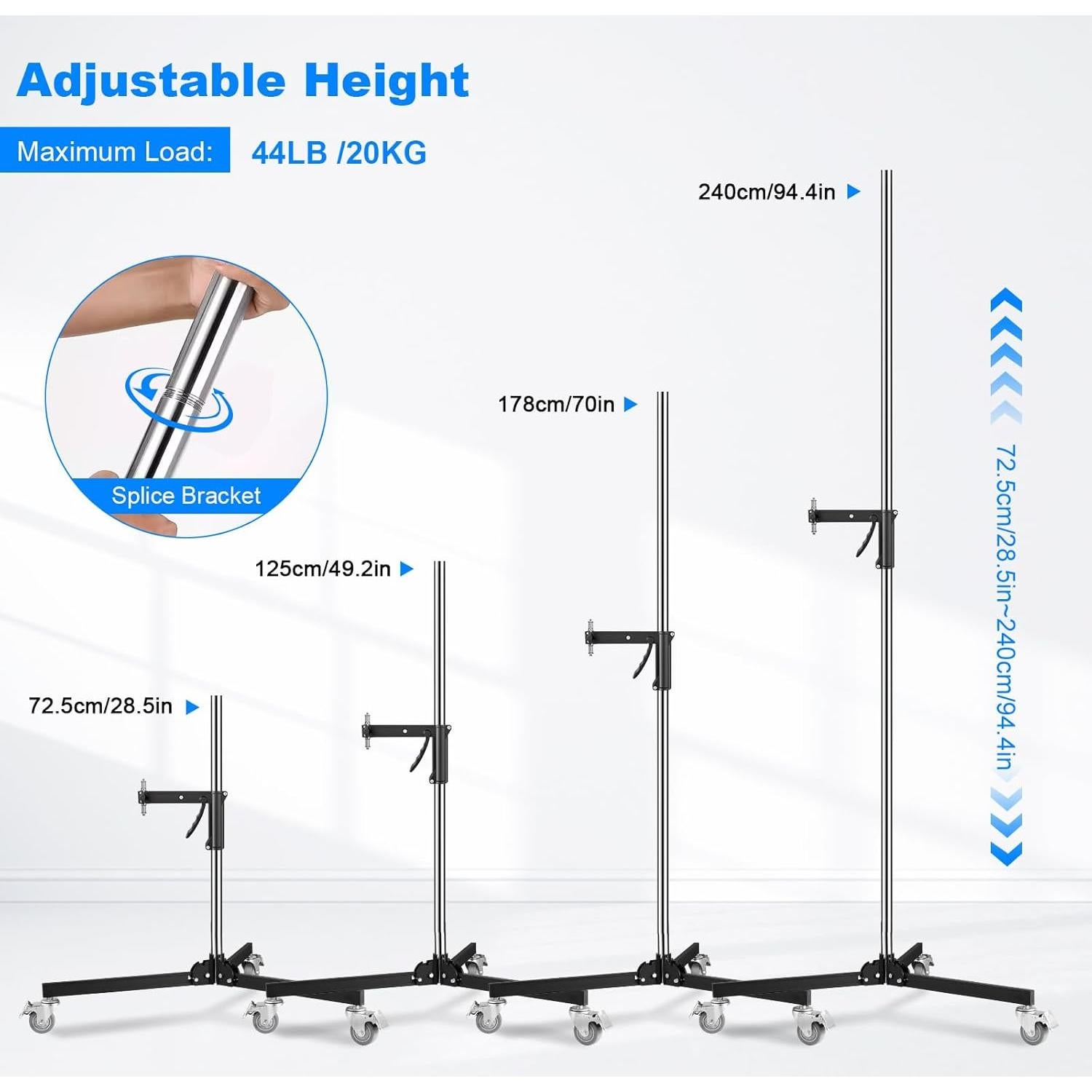 Photography Light Stand Based on Wheels Max Loading: 20kg/44lb Stainless Steel Heavy Duty Light Stand with Casters & A Sliding Arm Max Height 2.5m/8.2ft for Photography Studio Monolight Softbox