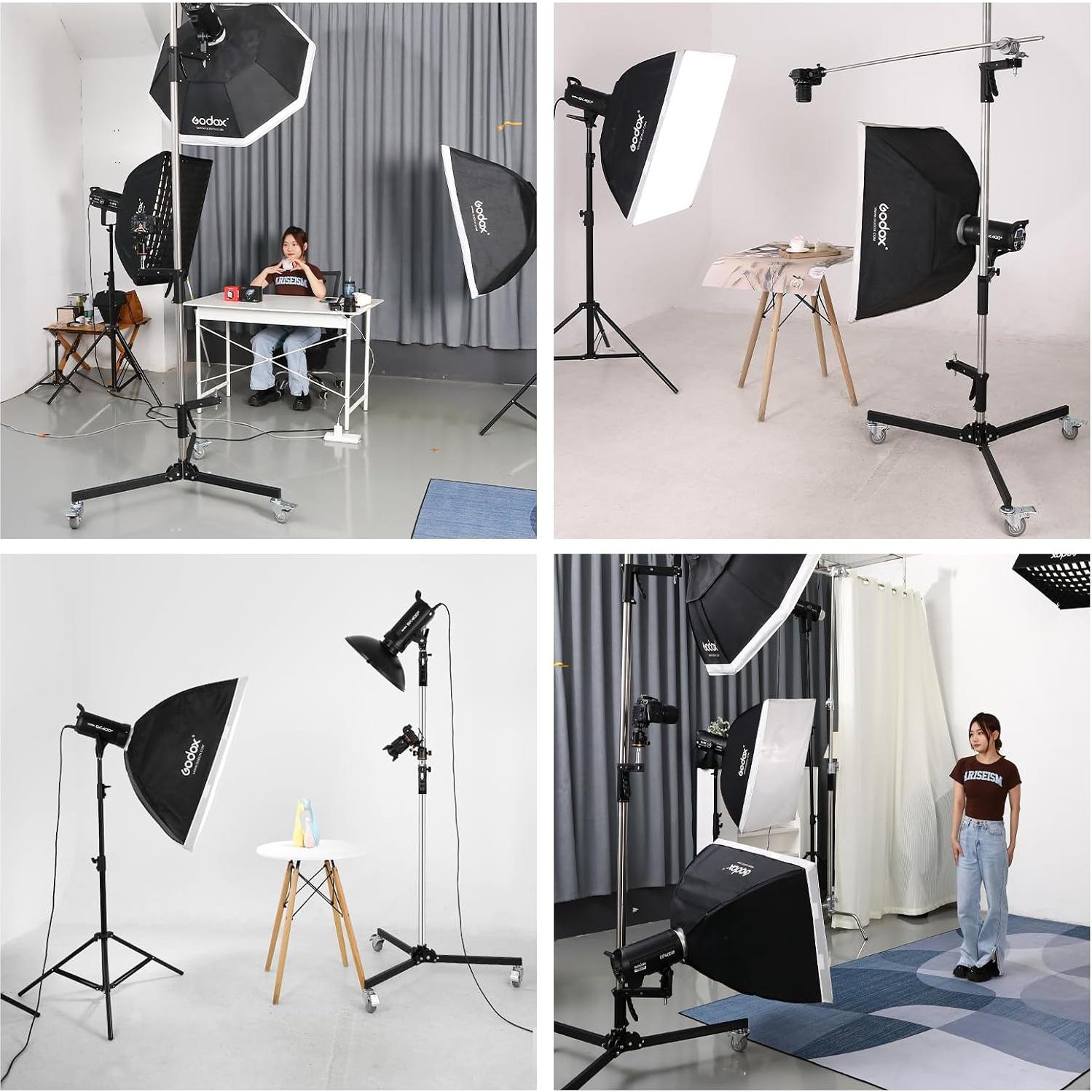 Photography Light Stand Based on Wheels Max Loading: 20kg/44lb Stainless Steel Heavy Duty Light Stand with Casters & A Sliding Arm Max Height 2.5m/8.2ft for Photography Studio Monolight Softbox