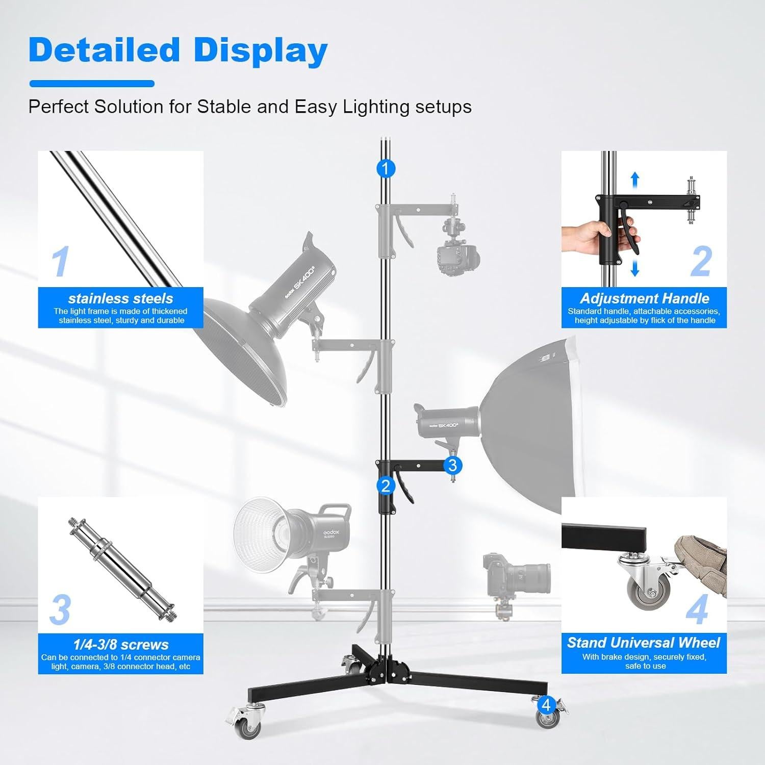 Photography Light Stand Based on Wheels Max Loading: 20kg/44lb Stainless Steel Heavy Duty Light Stand with Casters & A Sliding Arm Max Height 2.5m/8.2ft for Photography Studio Monolight Softbox
