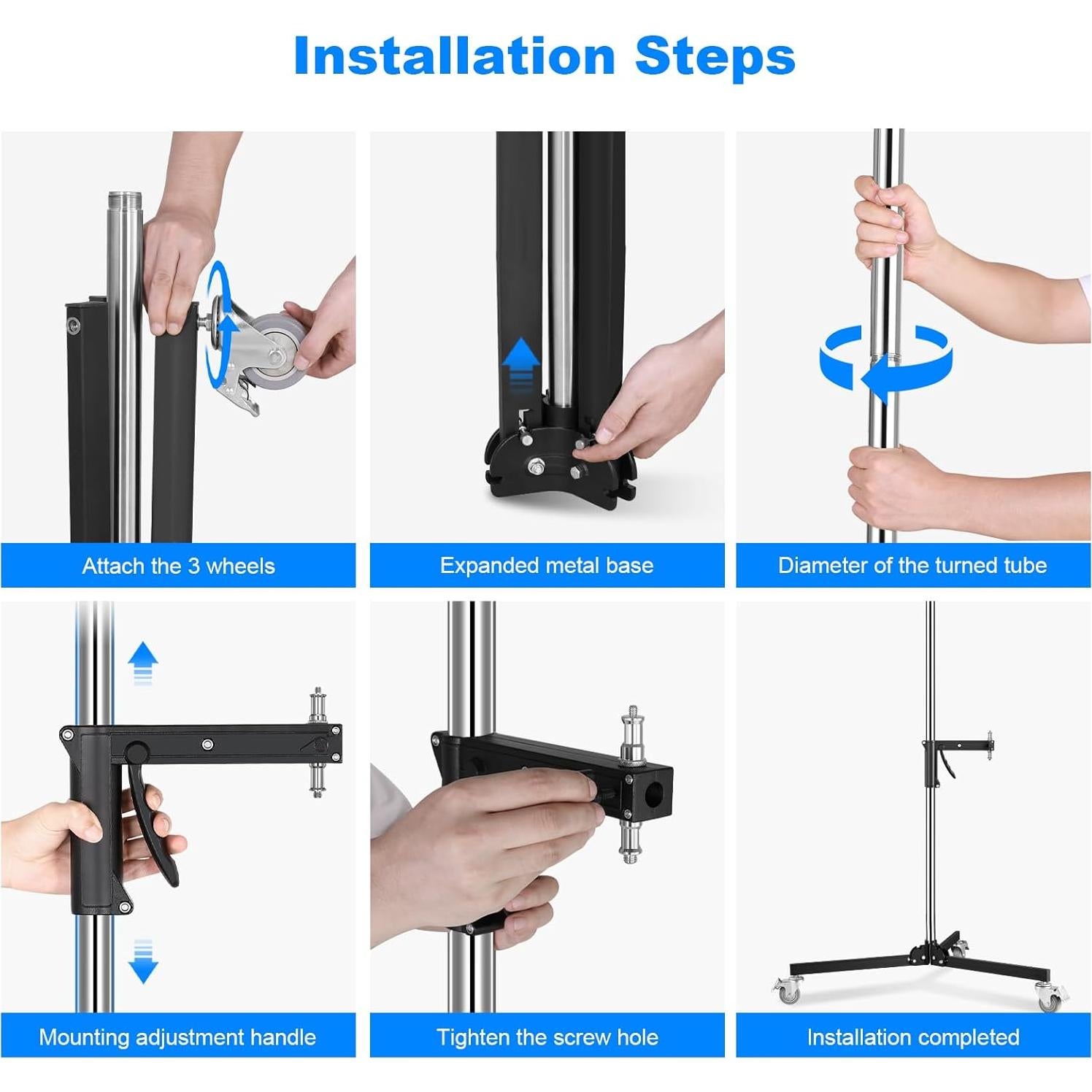 Photography Light Stand Based on Wheels Max Loading: 20kg/44lb Stainless Steel Heavy Duty Light Stand with Casters & A Sliding Arm Max Height 2.5m/8.2ft for Photography Studio Monolight Softbox