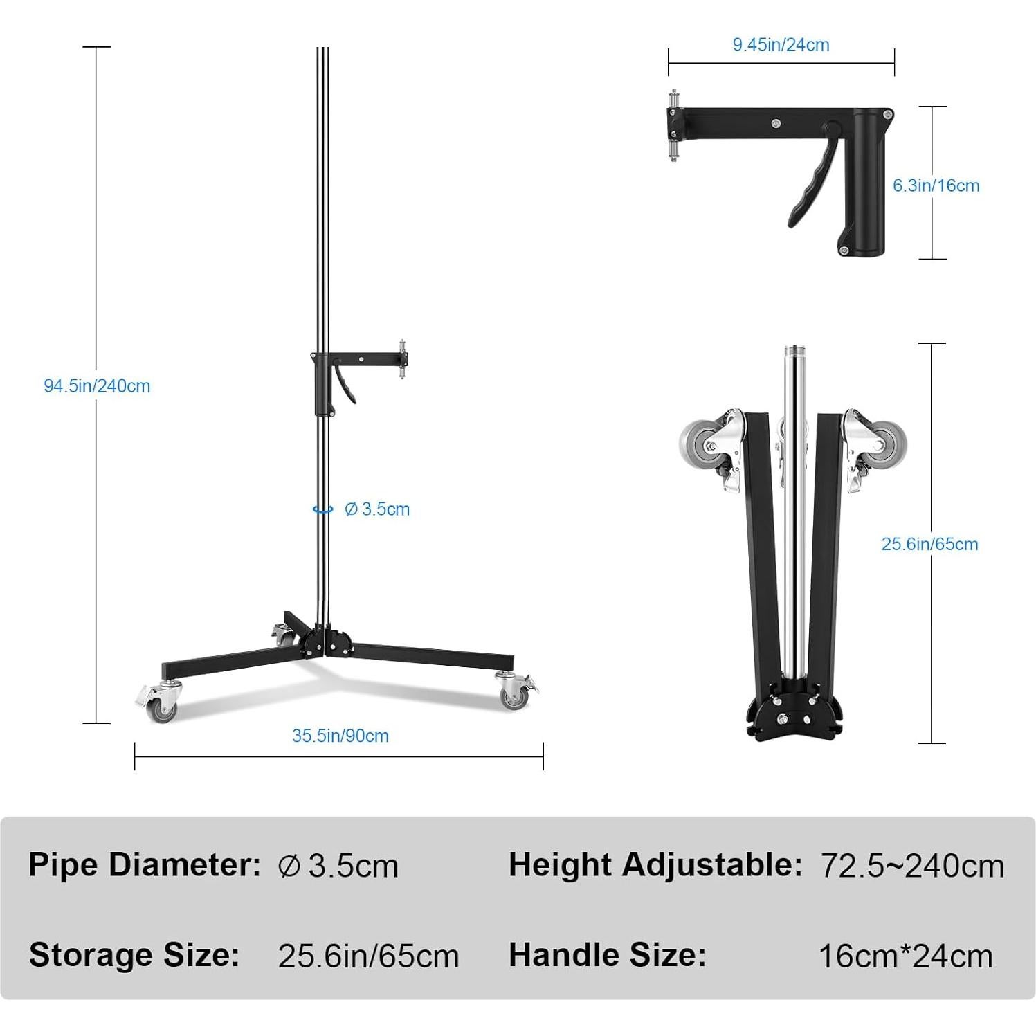 Photography Light Stand Based on Wheels Max Loading: 20kg/44lb Stainless Steel Heavy Duty Light Stand with Casters & A Sliding Arm Max Height 2.5m/8.2ft for Photography Studio Monolight Softbox