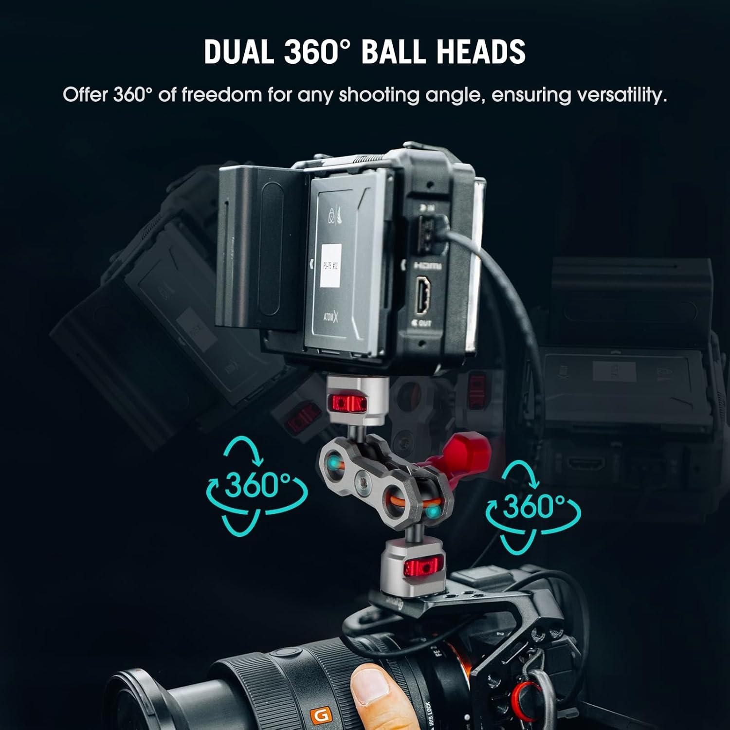 Came-TV Camera Magic Arm with 360° Dual Ball Head & 1/4" Screws & Anti-Twist Pins, Aluminum Magic Arm Camera Mount Articulating Arm Field Monitor Mount for LED Light/Mic/Camera Cage/Tripod (61014)