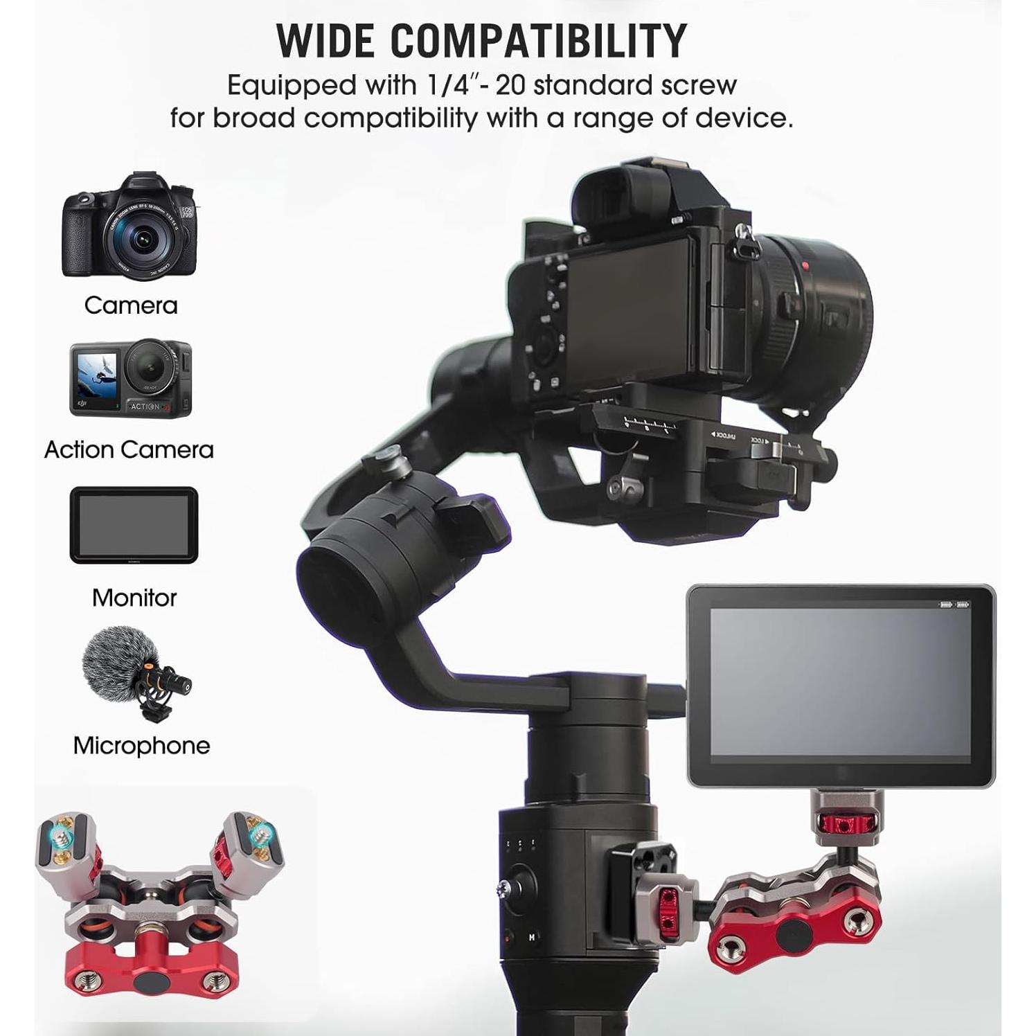 Came-TV Camera Magic Arm with 360° Dual Ball Head & 1/4" Screws & Anti-Twist Pins, Aluminum Magic Arm Camera Mount Articulating Arm Field Monitor Mount for LED Light/Mic/Camera Cage/Tripod (61014)