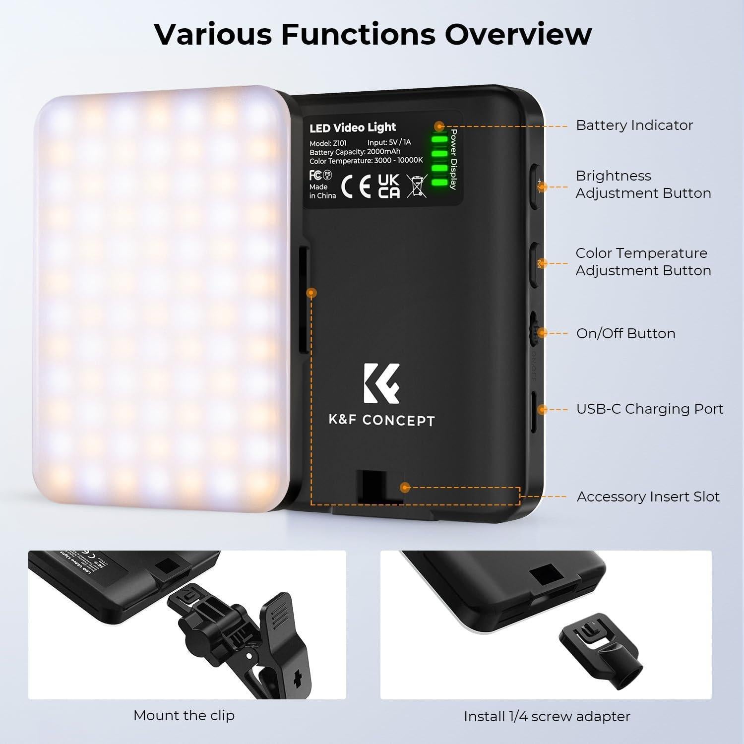 K&F Concept Luz de Video LED Portátil 2000mAh CRI 95+