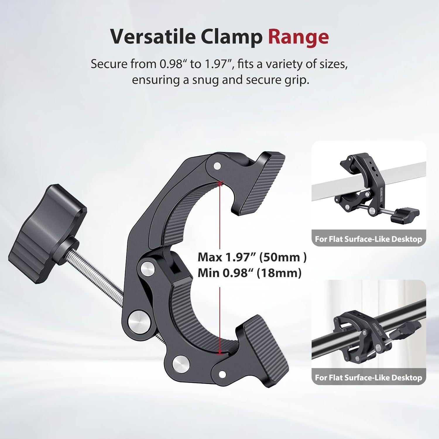 Came-TV Universal 18-50mm Camera Clamp Mount for Insta360/GoPr0, Heavy-Duty Aluminum Alloy with 1/4" & 3/8" Threads, Motorcycle Mirror/Car Headrest Rod Clamp for Camera/LED Light/Microphone - 61012