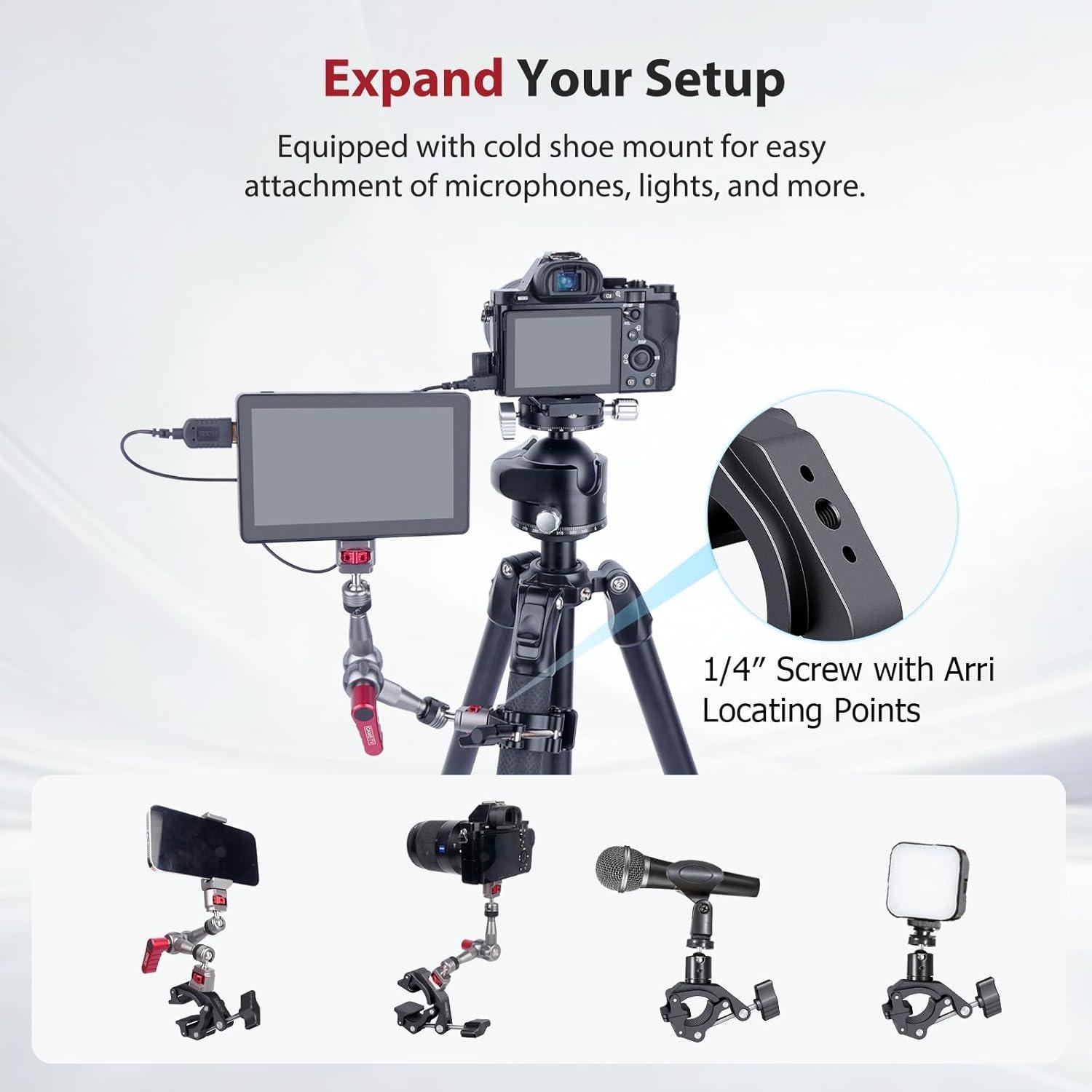 Came-TV Universal 18-50mm Camera Clamp Mount for Insta360/GoPr0, Heavy-Duty Aluminum Alloy with 1/4" & 3/8" Threads, Motorcycle Mirror/Car Headrest Rod Clamp for Camera/LED Light/Microphone - 61012