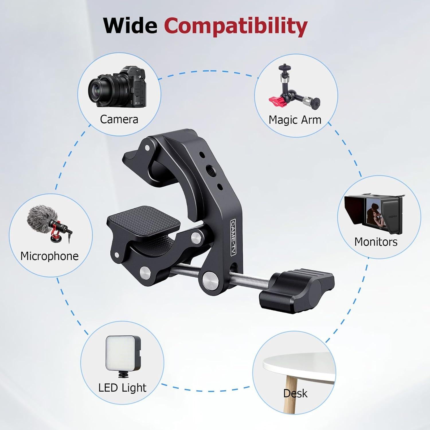 Came-TV Universal 18-50mm Camera Clamp Mount for Insta360/GoPr0, Heavy-Duty Aluminum Alloy with 1/4" & 3/8" Threads, Motorcycle Mirror/Car Headrest Rod Clamp for Camera/LED Light/Microphone - 61012