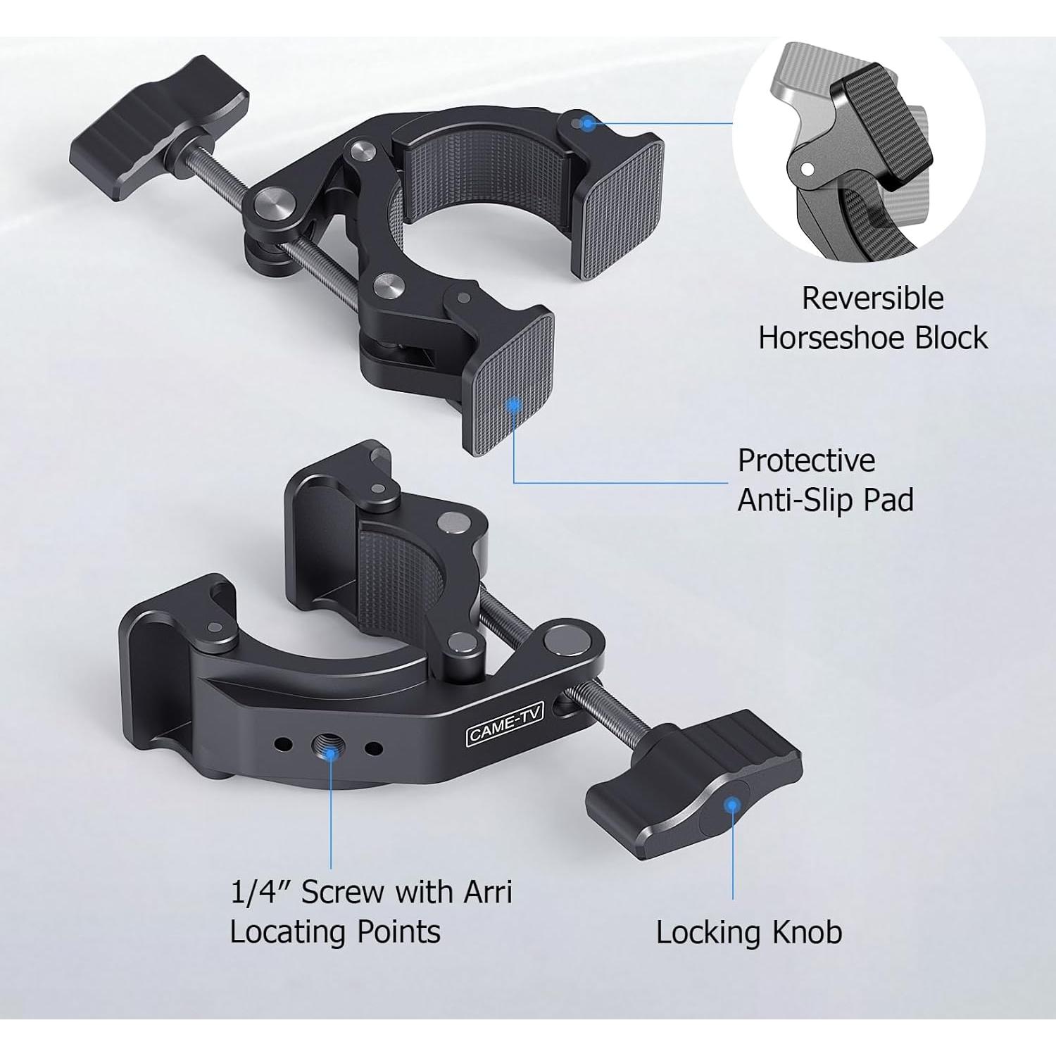 Came-TV Universal 18-50mm Camera Clamp Mount for Insta360/GoPr0, Heavy-Duty Aluminum Alloy with 1/4" & 3/8" Threads, Motorcycle Mirror/Car Headrest Rod Clamp for Camera/LED Light/Microphone - 61012