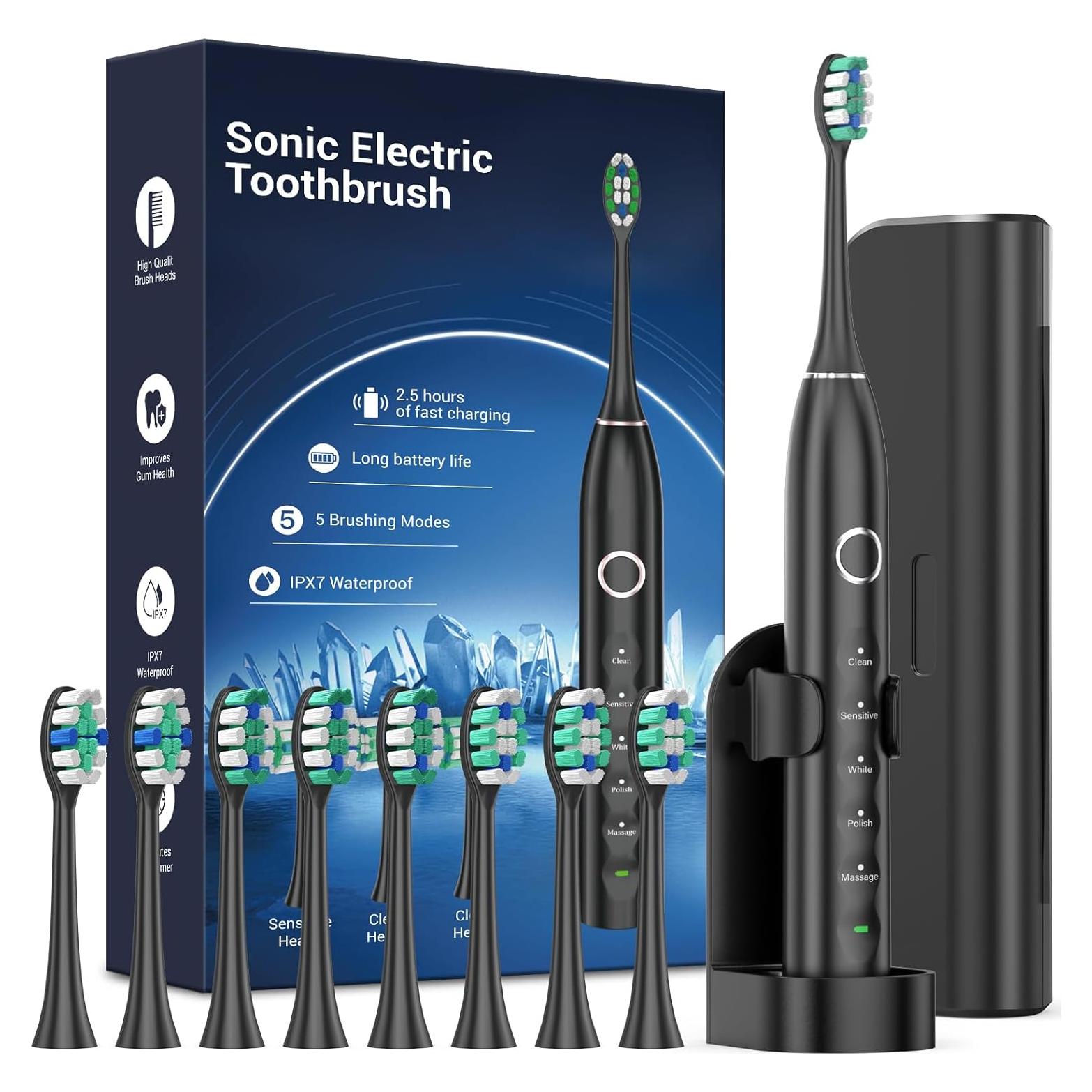 Cepillo de Dientes Eléctrico Rtauys Sónico Negro con 8 Cabezas