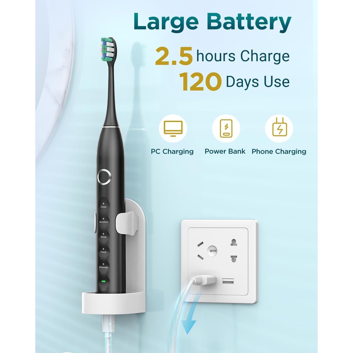 Cepillo de Dientes Eléctrico Rtauys Sónico Negro con 8 Cabezas