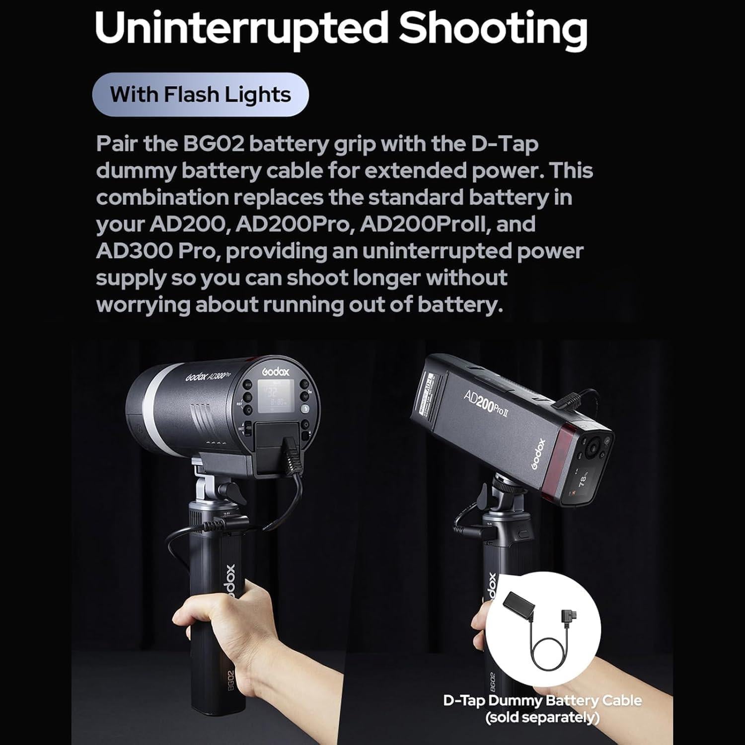 GODOX BG02 Battery Grip with D-Tap and USB-C Cable for Flash Light and LED Video Light,98W Power Handgrip for AD200,AD200PRO II,AD300 PRO,ML100BI,ML60BI,and Other Photography Studio Lights