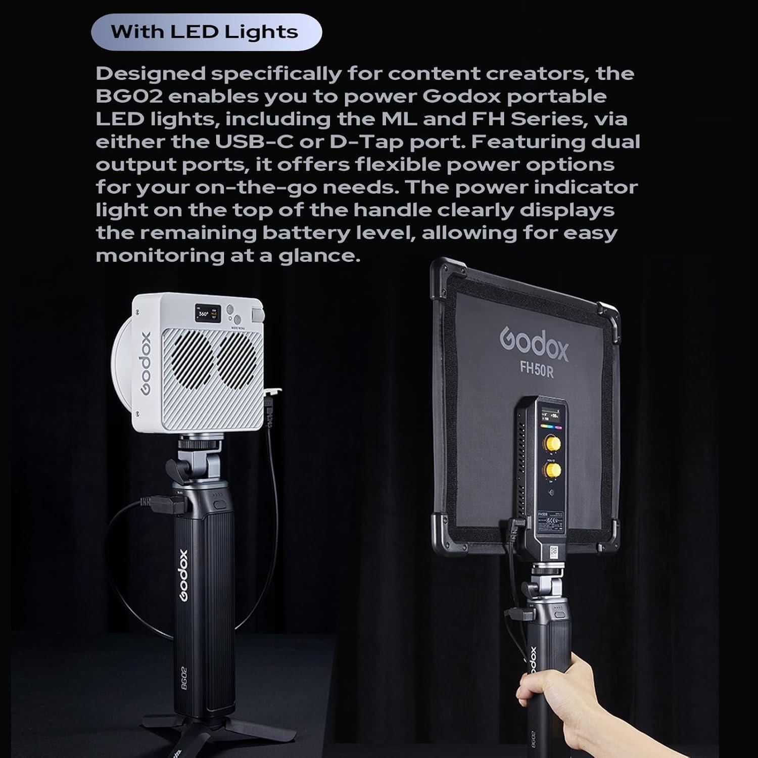 GODOX BG02 Battery Grip with D-Tap and USB-C Cable for Flash Light and LED Video Light,98W Power Handgrip for AD200,AD200PRO II,AD300 PRO,ML100BI,ML60BI,and Other Photography Studio Lights