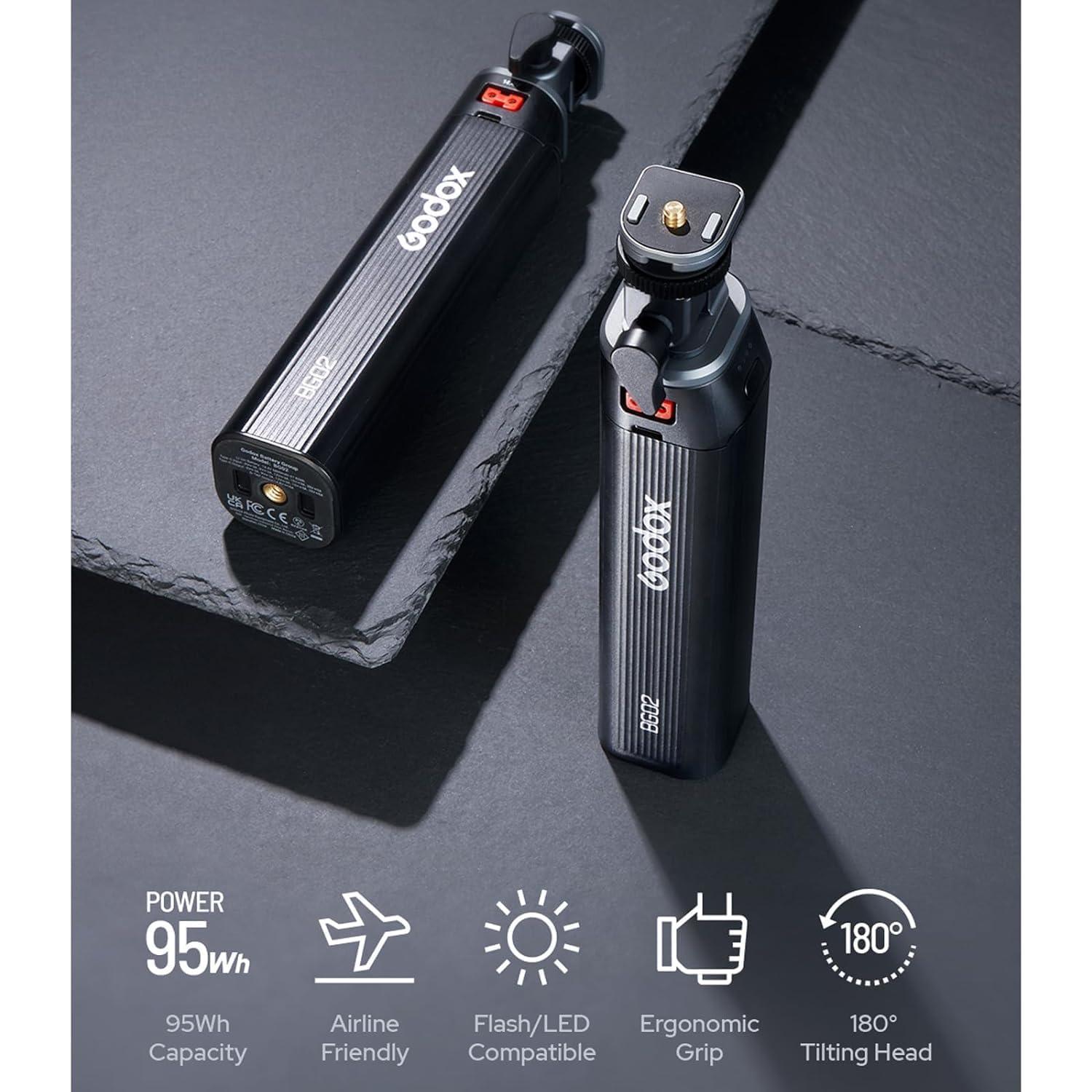 GODOX BG02 Battery Grip with D-Tap and USB-C Cable for Flash Light and LED Video Light,98W Power Handgrip for AD200,AD200PRO II,AD300 PRO,ML100BI,ML60BI,and Other Photography Studio Lights