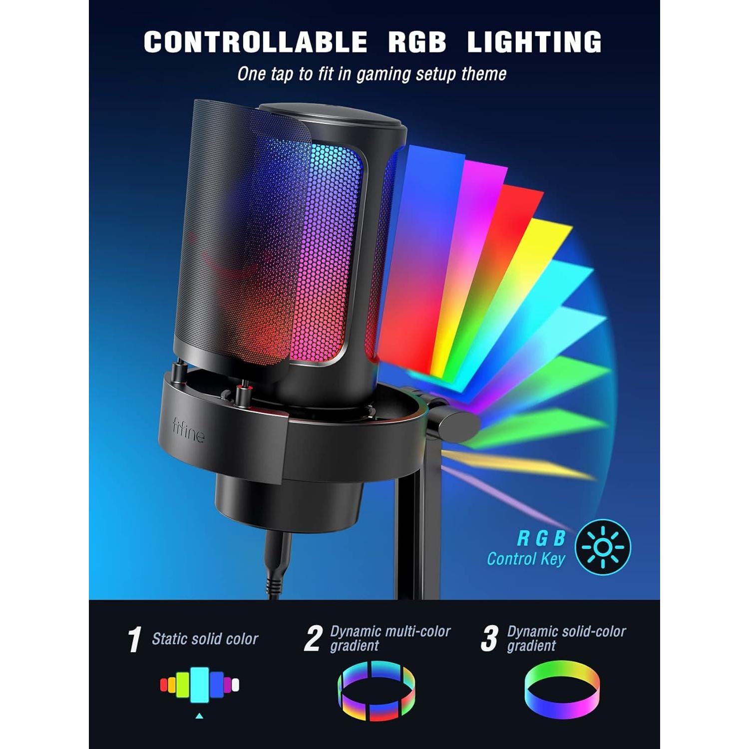 FIFINE USB Gaming Microphone, Metal Recording Boom Arm Bundle, PC Streaming Mic and Arm Stand Kit with RGB Lights, Mute Button, Headphones Jack, Pop Filter for Voice-Over Studio Home Office (A8+CS1)