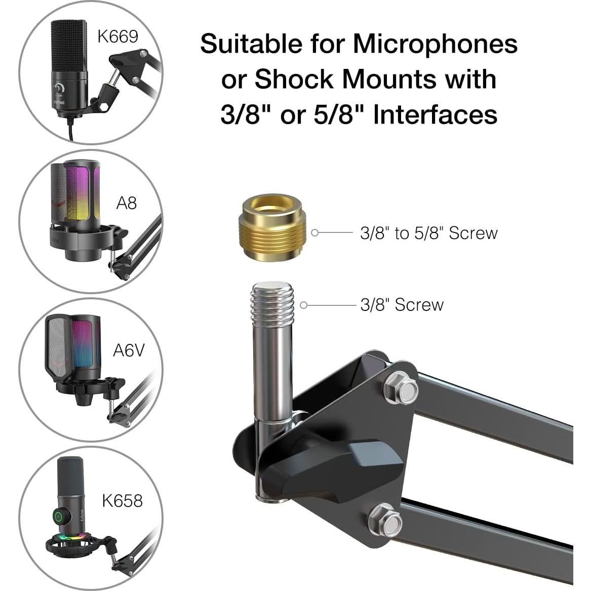 FIFINE USB Gaming Microphone, Metal Recording Boom Arm Bundle, PC Streaming Mic and Arm Stand Kit with RGB Lights, Mute Button, Headphones Jack, Pop Filter for Voice-Over Studio Home Office (A8+CS1)