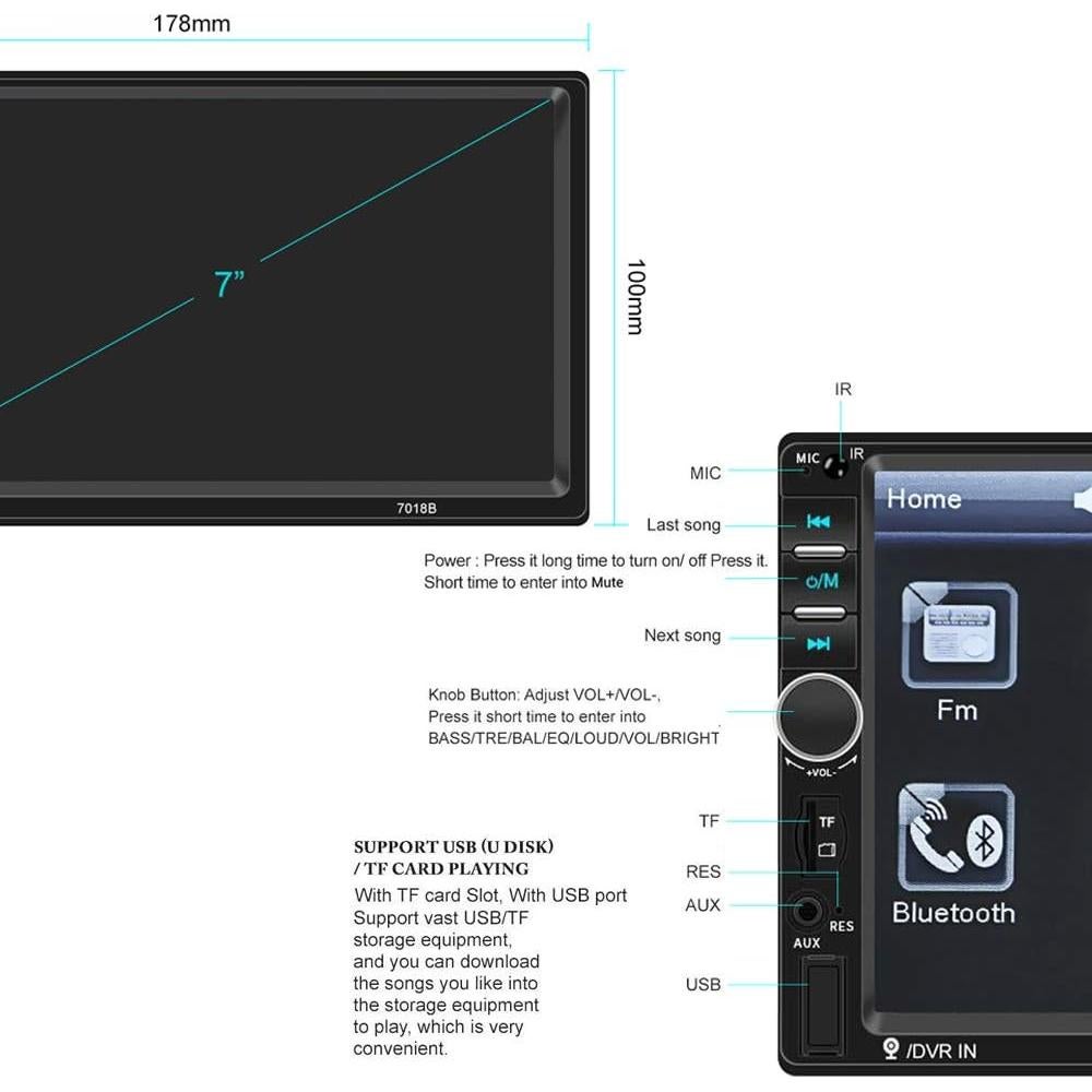 Camecho Estéreo Doble Din 7" Bluetooth + Cámara Trasera