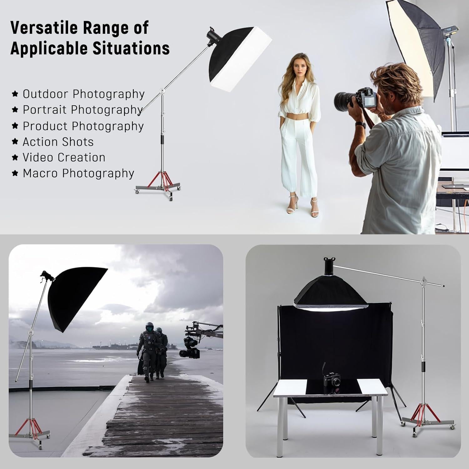 LOMTAP C Stand with Boom Arm, Stainless Steel Photography Heavy Duty Light Stand, 10ft/3m Adjustable Height, Mobile Wheeled Base with Spring Buffer for Studio Equipment