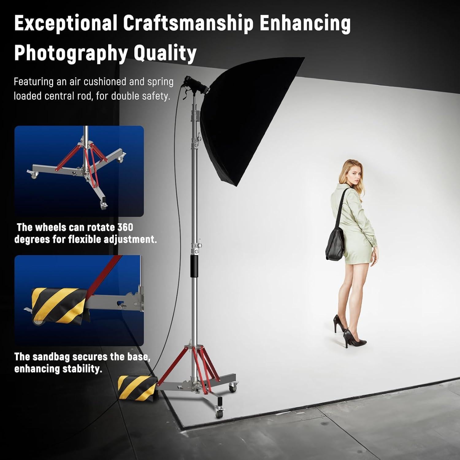 LOMTAP C Stand with Boom Arm, Stainless Steel Photography Heavy Duty Light Stand, 10ft/3m Adjustable Height, Mobile Wheeled Base with Spring Buffer for Studio Equipment