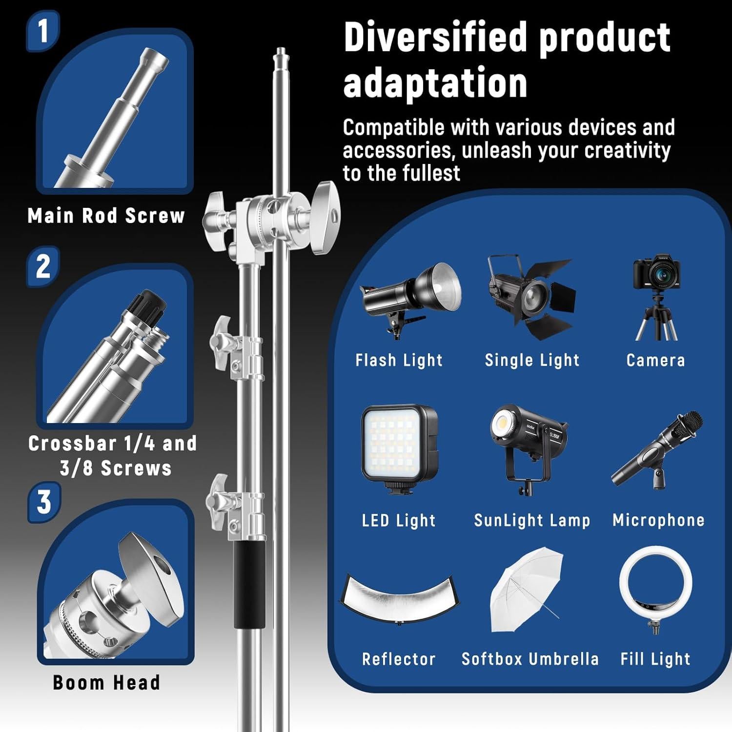 LOMTAP C Stand with Boom Arm, Stainless Steel Photography Heavy Duty Light Stand, 10ft/3m Adjustable Height, Mobile Wheeled Base with Spring Buffer for Studio Equipment