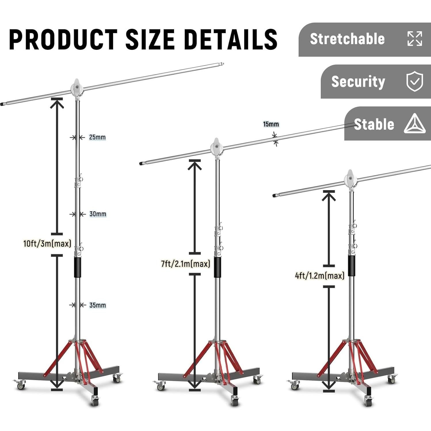 LOMTAP C Stand with Boom Arm, Stainless Steel Photography Heavy Duty Light Stand, 10ft/3m Adjustable Height, Mobile Wheeled Base with Spring Buffer for Studio Equipment