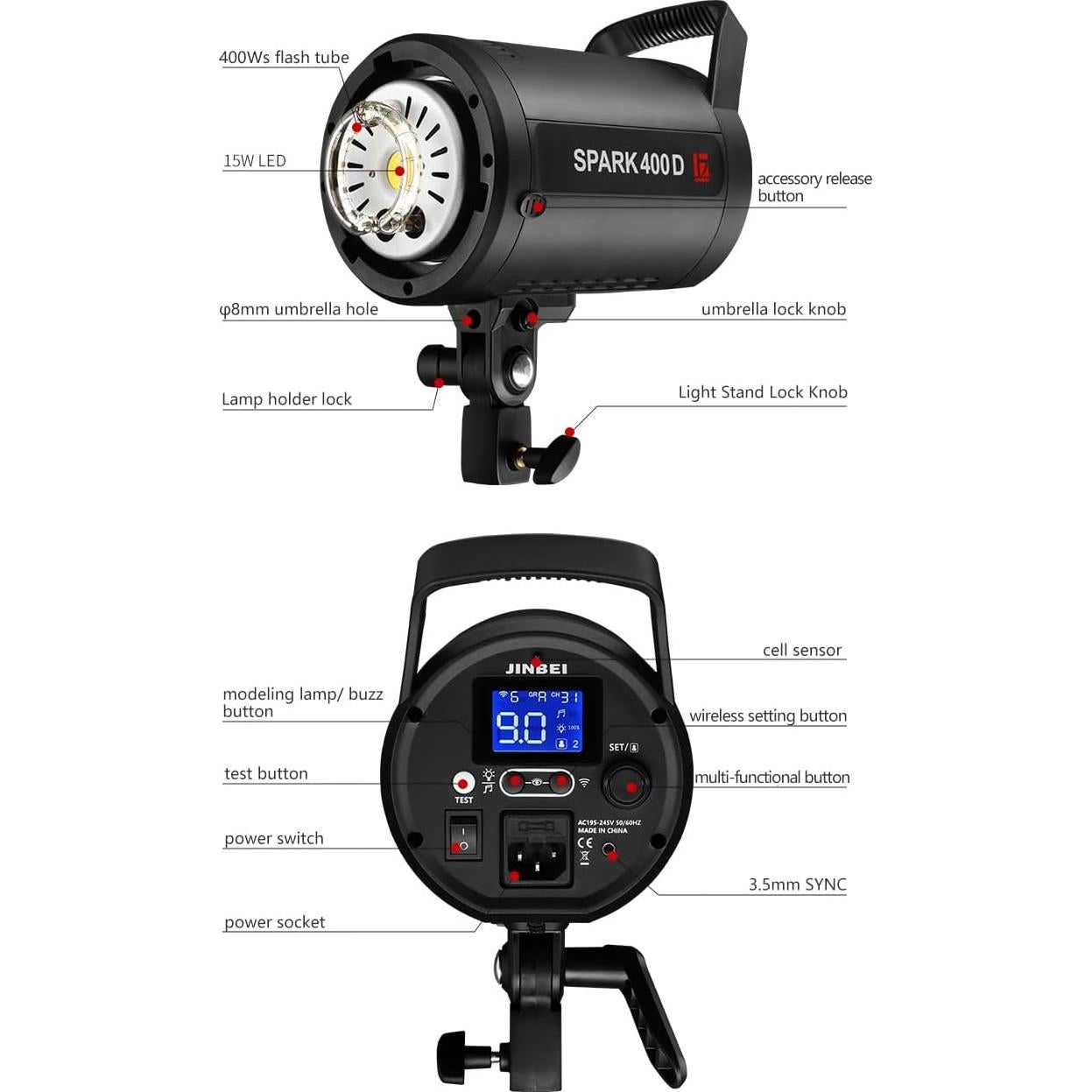 JINBEI 400Ws GN66 Studio Strobe Flash Light Bowens Mount Recycle Time in 0.1-0.9 Sec,Built-in 2.4G Wireless with LED Modeling Lamp Photography Flashes, Include 2.4G Wireless Trigger SPARK-400D