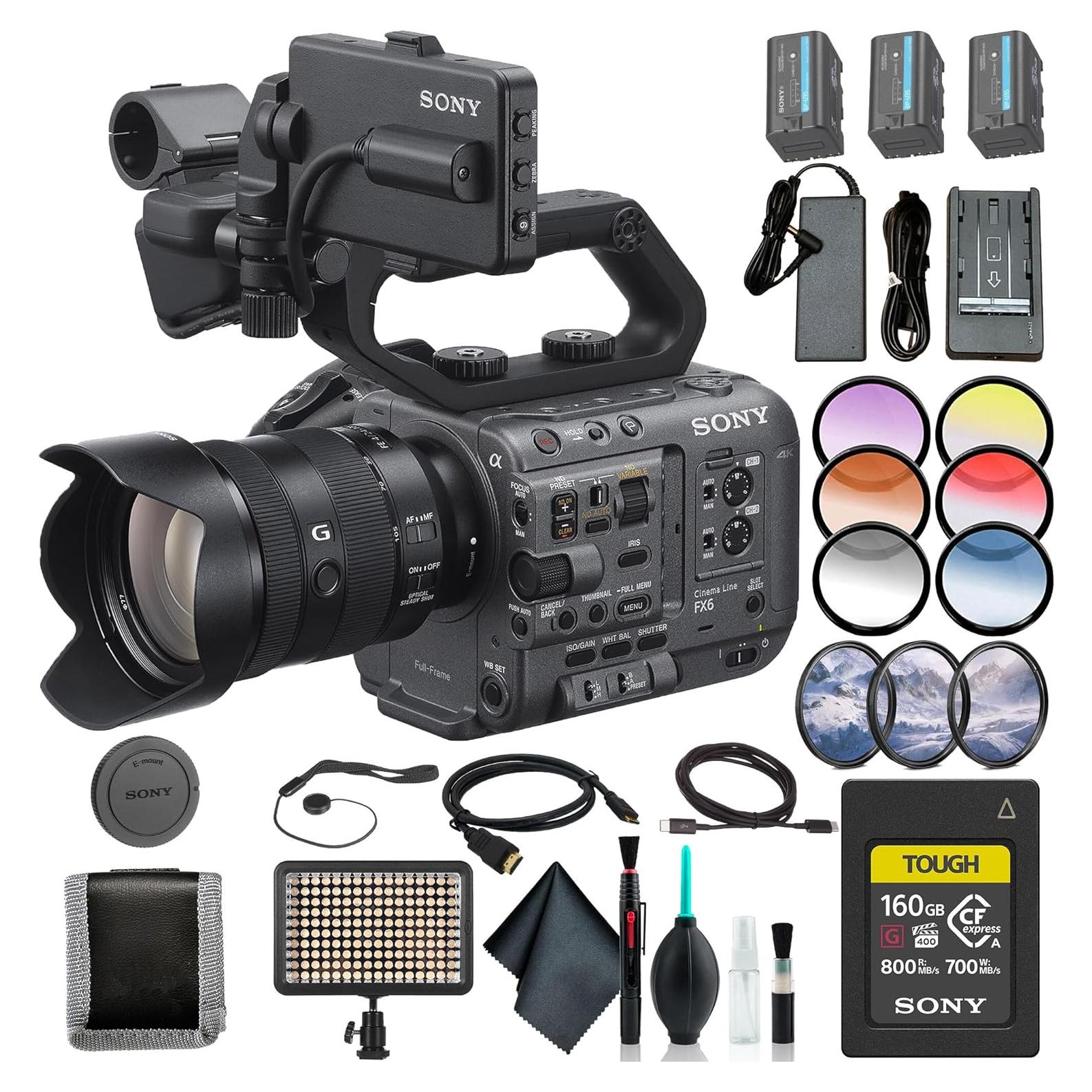 Sony FX6 Digital Cinema Camera Kit with 24-105mm Lens ILME-FX6VK, 160GB Memory Card, 2 x BP-U35 Battery, Filter Kit, Color Filter Kit, Bag, LED Light, Memory Card Wallet, Cap Keeper, and More