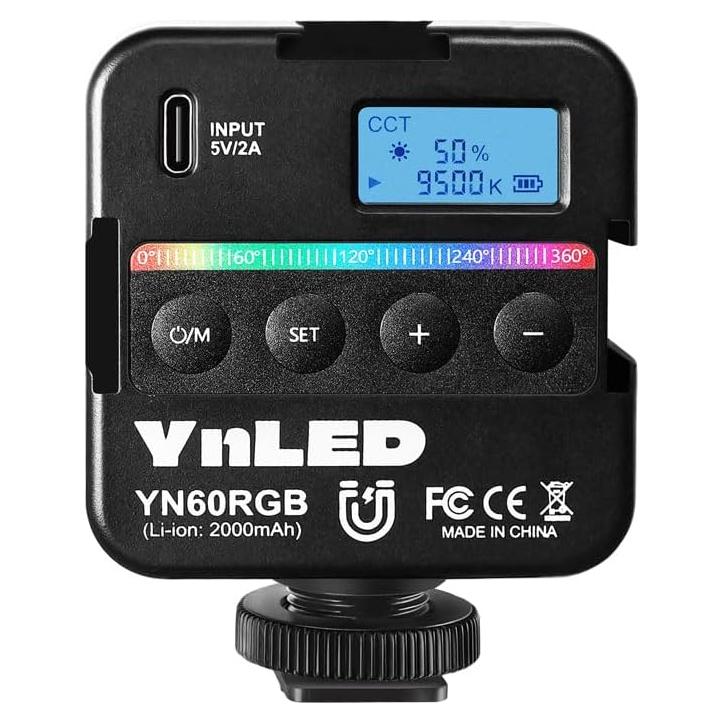 YONGNUO YN60RGB 6W Video Lights, LED Camera Light 360° Full Color Portable Photography Lighting with Cold Shoe, 2000mAh Rechargeable CRI 95+ 2500-9500K Dimmable Panel Lamp Support Magnetic Attraction
