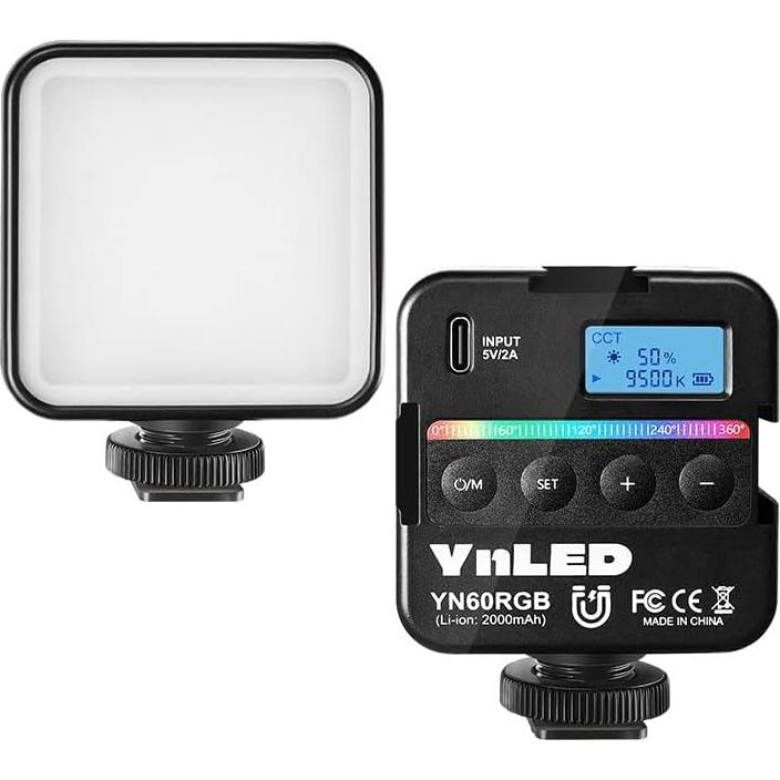 YONGNUO YN60RGB 6W Video Lights, LED Camera Light 360° Full Color Portable Photography Lighting with Cold Shoe, 2000mAh Rechargeable CRI 95+ 2500-9500K Dimmable Panel Lamp Support Magnetic Attraction