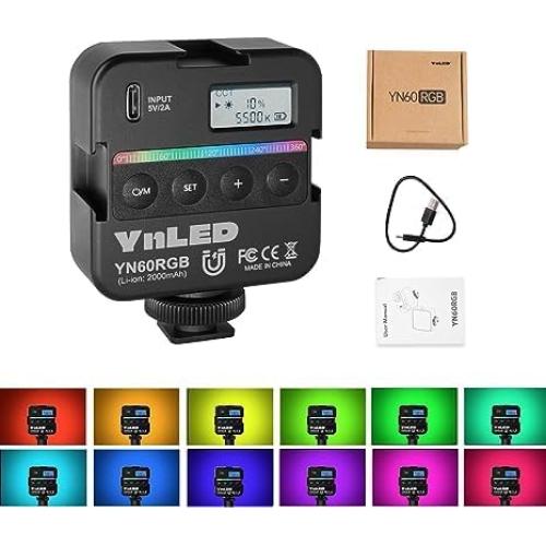 YONGNUO YN60RGB 6W Video Lights, LED Camera Light 360° Full Color Portable Photography Lighting with Cold Shoe, 2000mAh Rechargeable CRI 95+ 2500-9500K Dimmable Panel Lamp Support Magnetic Attraction