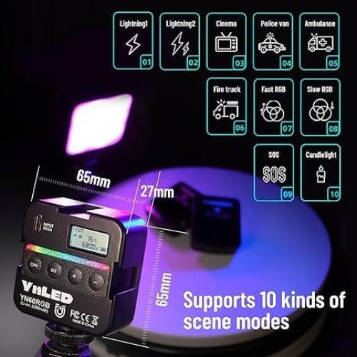 YONGNUO YN60RGB 6W Video Lights, LED Camera Light 360° Full Color Portable Photography Lighting with Cold Shoe, 2000mAh Rechargeable CRI 95+ 2500-9500K Dimmable Panel Lamp Support Magnetic Attraction