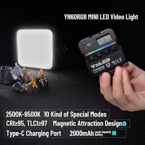 YONGNUO YN60RGB 6W Video Lights, LED Camera Light 360° Full Color Portable Photography Lighting with Cold Shoe, 2000mAh Rechargeable CRI 95+ 2500-9500K Dimmable Panel Lamp Support Magnetic Attraction