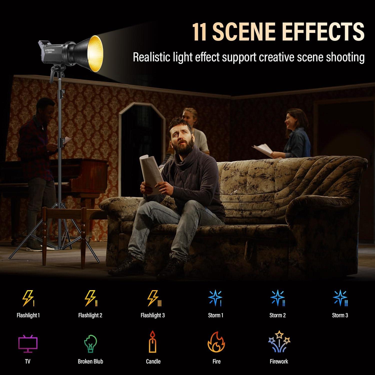 GODOX Litemons LA200Bi 230W Bi-Color LED Video Light,Dimmable 2800K-6500K,CRI 96+ TLCI 97+ Portable Photography Speedlite 101000@lux mit 8 Light Effect and APP Control Bowens Mount Continuous Lighting