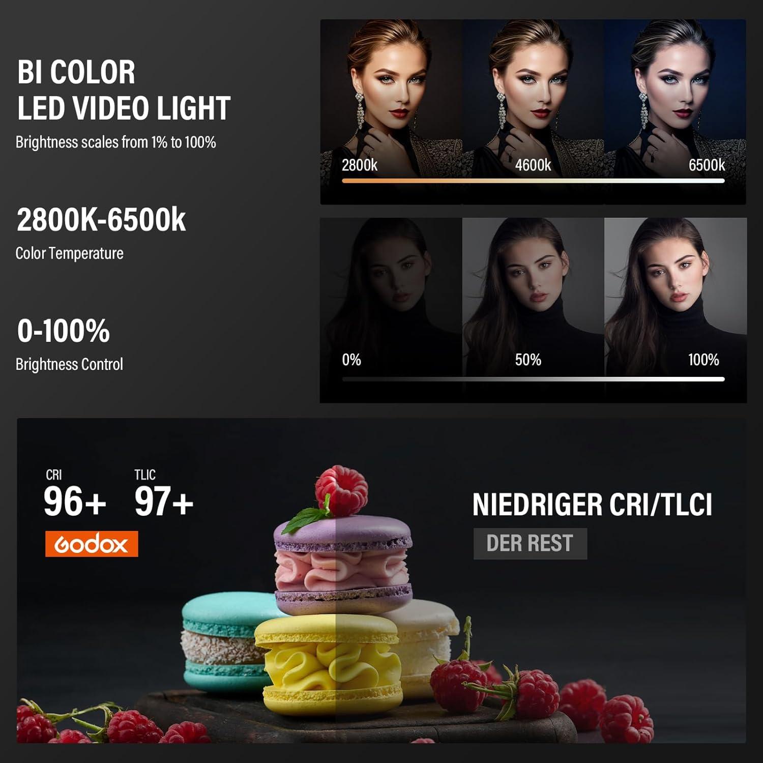 GODOX Litemons LA200Bi 230W Bi-Color LED Video Light,Dimmable 2800K-6500K,CRI 96+ TLCI 97+ Portable Photography Speedlite 101000@lux mit 8 Light Effect and APP Control Bowens Mount Continuous Lighting