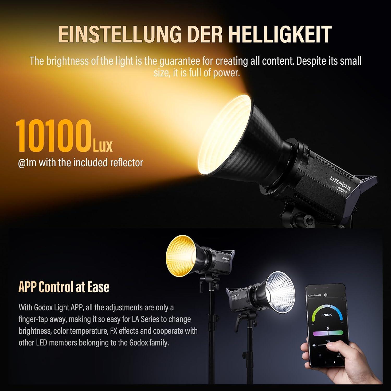 GODOX Litemons LA200Bi 230W Bi-Color LED Video Light,Dimmable 2800K-6500K,CRI 96+ TLCI 97+ Portable Photography Speedlite 101000@lux mit 8 Light Effect and APP Control Bowens Mount Continuous Lighting
