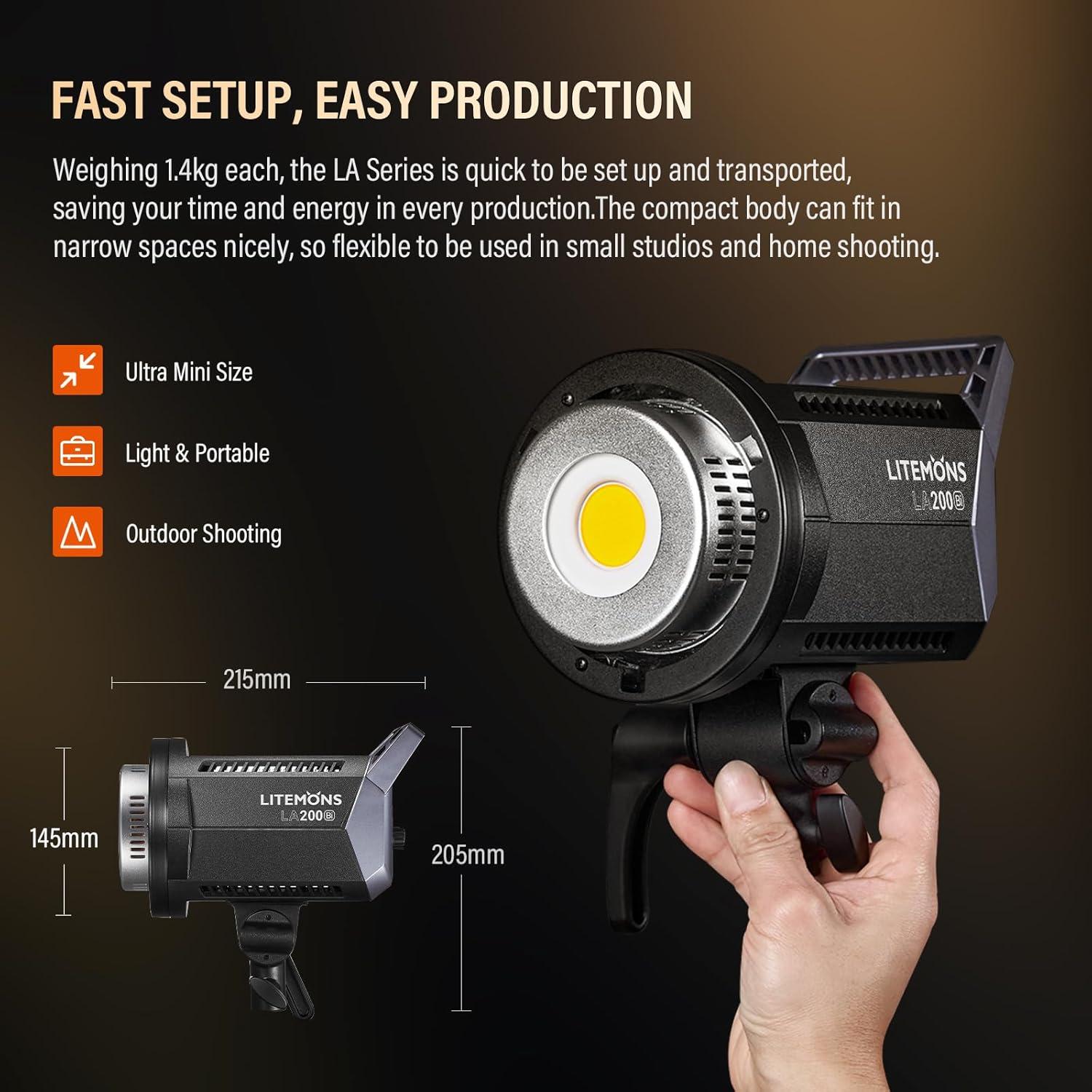 GODOX Litemons LA200Bi 230W Bi-Color LED Video Light,Dimmable 2800K-6500K,CRI 96+ TLCI 97+ Portable Photography Speedlite 101000@lux mit 8 Light Effect and APP Control Bowens Mount Continuous Lighting