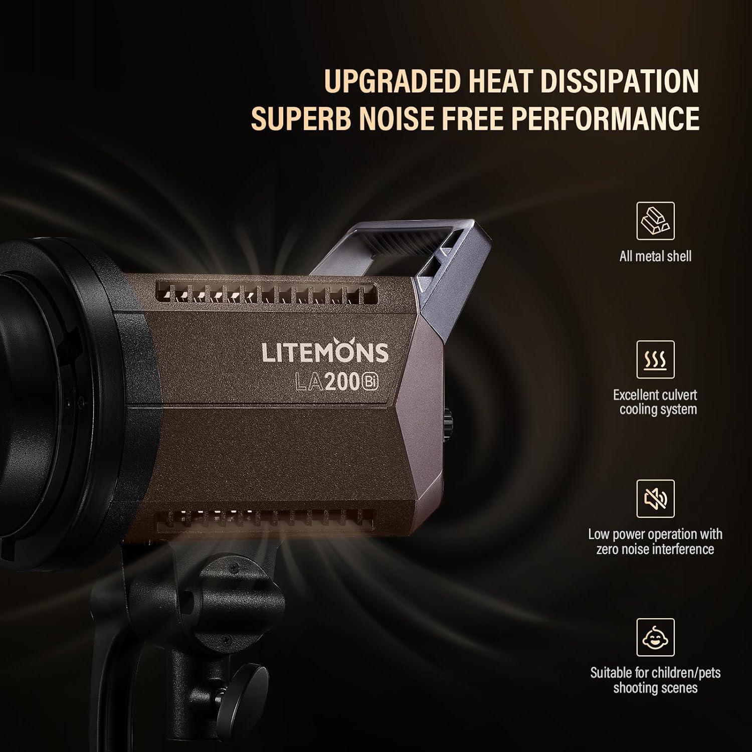 GODOX Litemons LA200Bi 230W Bi-Color LED Video Light,Dimmable 2800K-6500K,CRI 96+ TLCI 97+ Portable Photography Speedlite 101000@lux mit 8 Light Effect and APP Control Bowens Mount Continuous Lighting