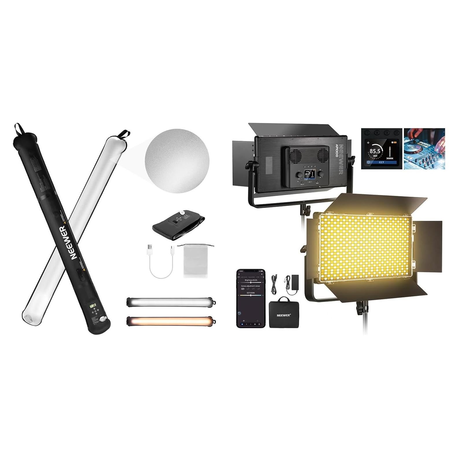 NEEWER AP100B 100W Bi Color LED Panel Video Light Kit, 960 LEDs 38600Lux@0.5m 2500K-8500K with GC21B 21W Handheld LED Tube Light 35.5"/90cm for Pro Studio Photography Recording Stage Lighting