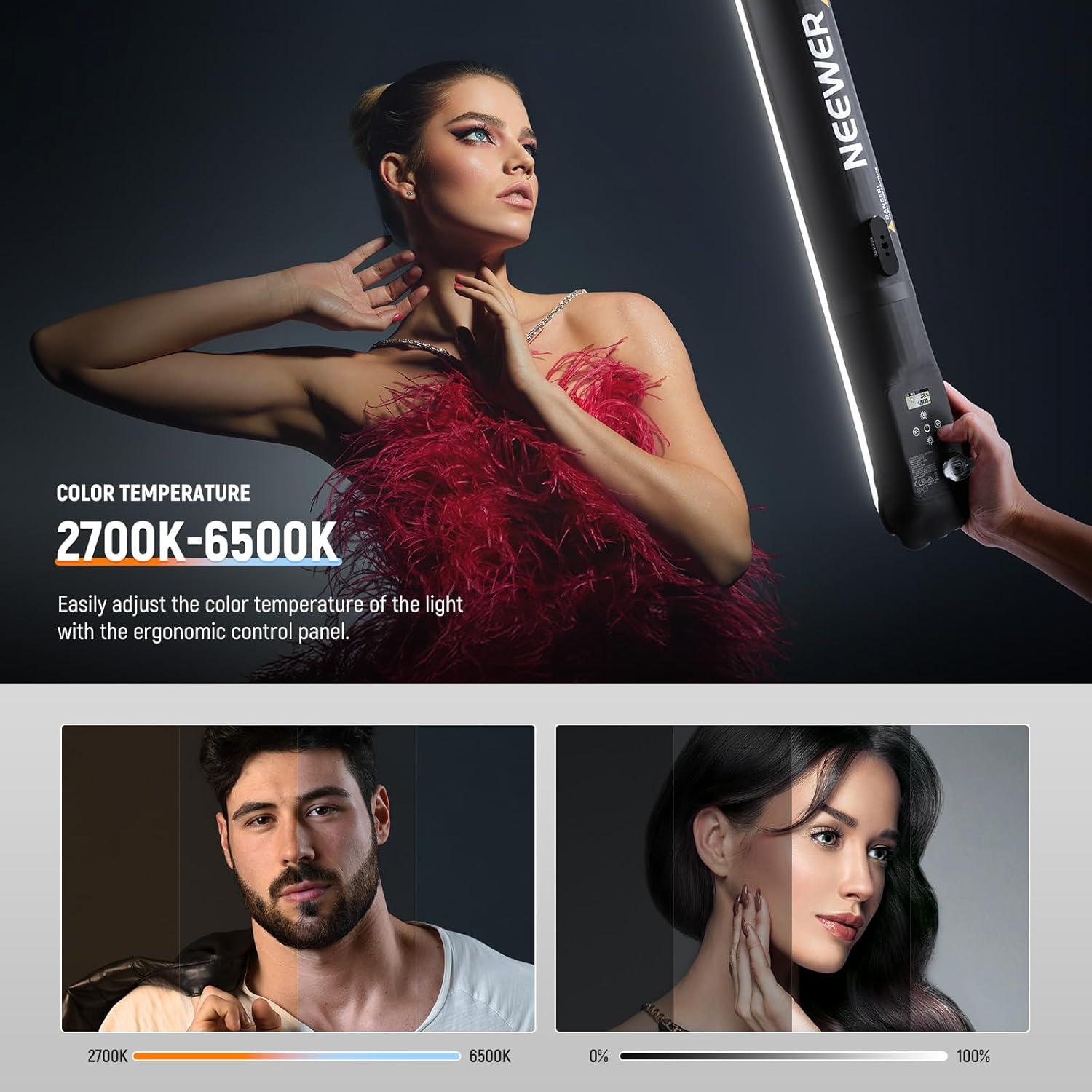 NEEWER AP100B 100W Bi Color LED Panel Video Light Kit, 960 LEDs 38600Lux@0.5m 2500K-8500K with GC21B 21W Handheld LED Tube Light 35.5"/90cm for Pro Studio Photography Recording Stage Lighting