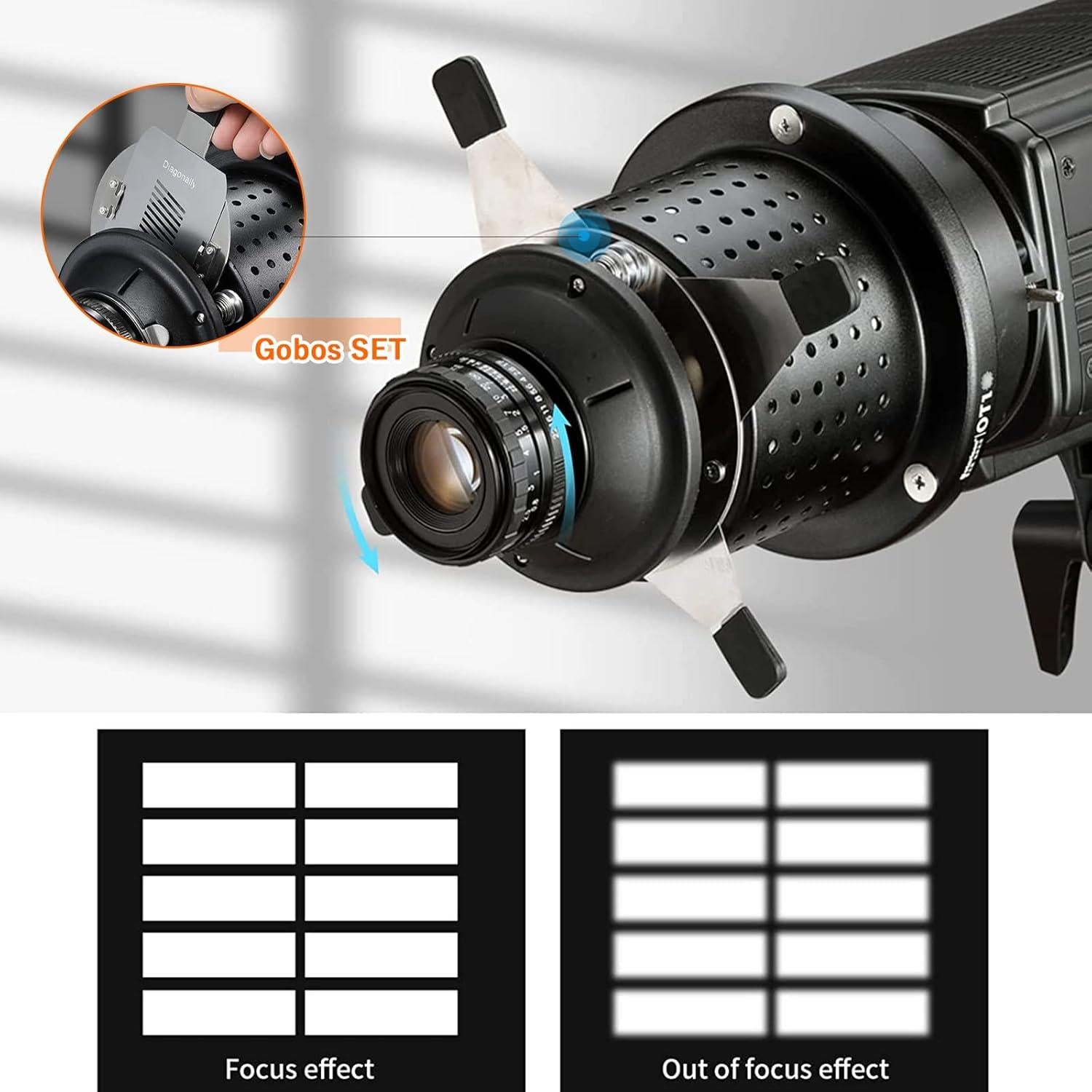Snoot Óptico SOONPHO 50mm con Kit de 12 Gobos y Filtros