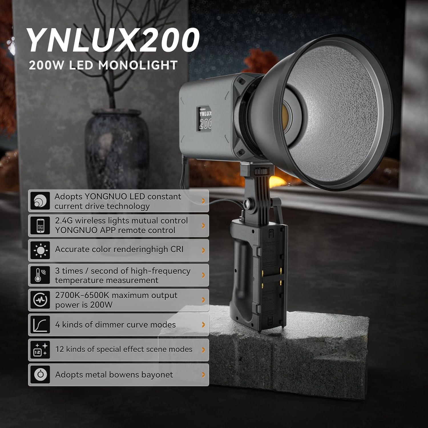 YONGNUO YNLUX200 200W LED Video Light, Handheld Continuous Output Lighting, with Bowens Mount, 2700-6500K Bi-Color, CRI96+ 2.4G Wireless Remote, for Portrait Wedding Outdoor Shooting YouTube Videos