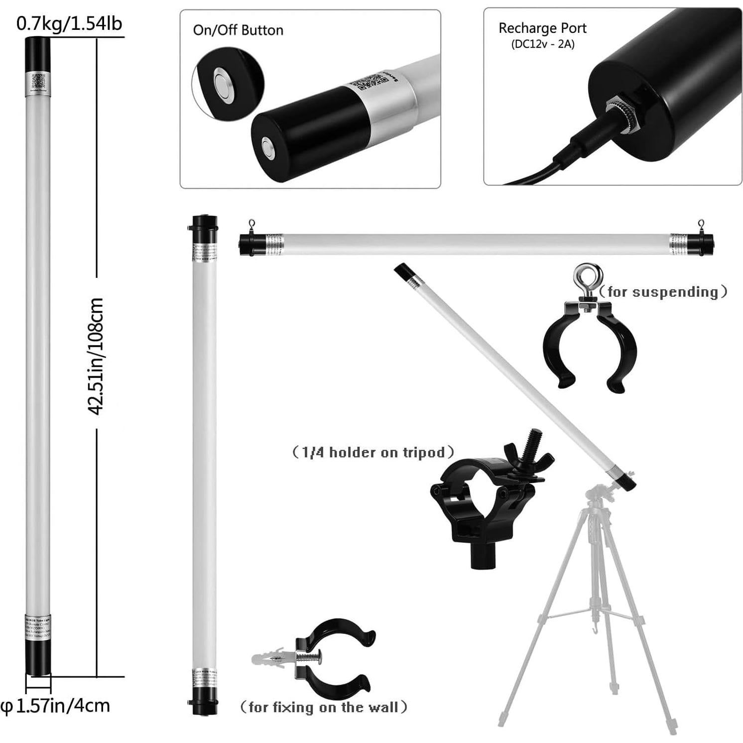 YUNKE Luz de Tubo Portátil RGBW 18W con Control Remoto 5500K