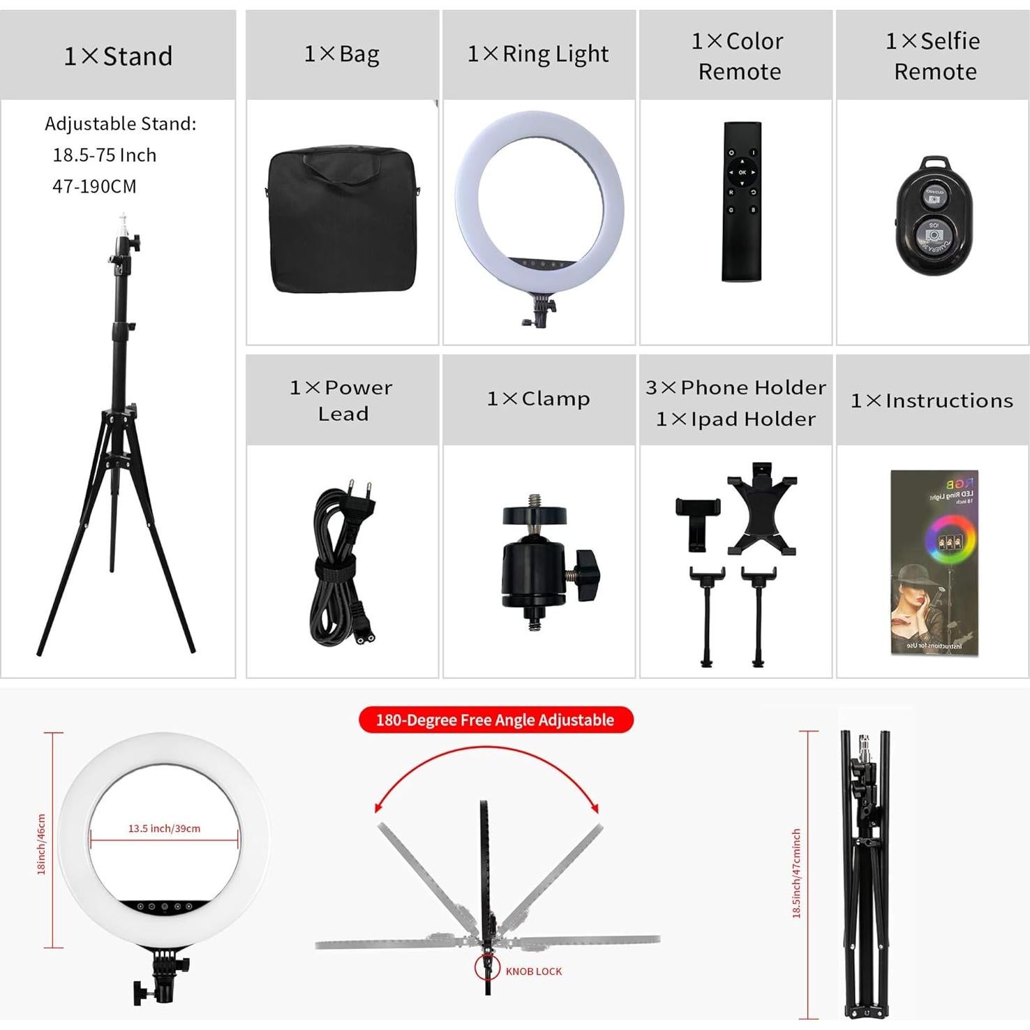 Kit Luz de Anillo LED RGB 18" OVEHEL HQ18 Regulable 3000K-6500K