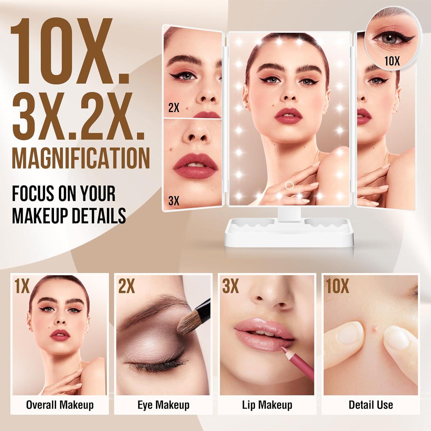 Espejo de Maquillaje Iluminado NIKKOMON 10X 3X 2X Blanco