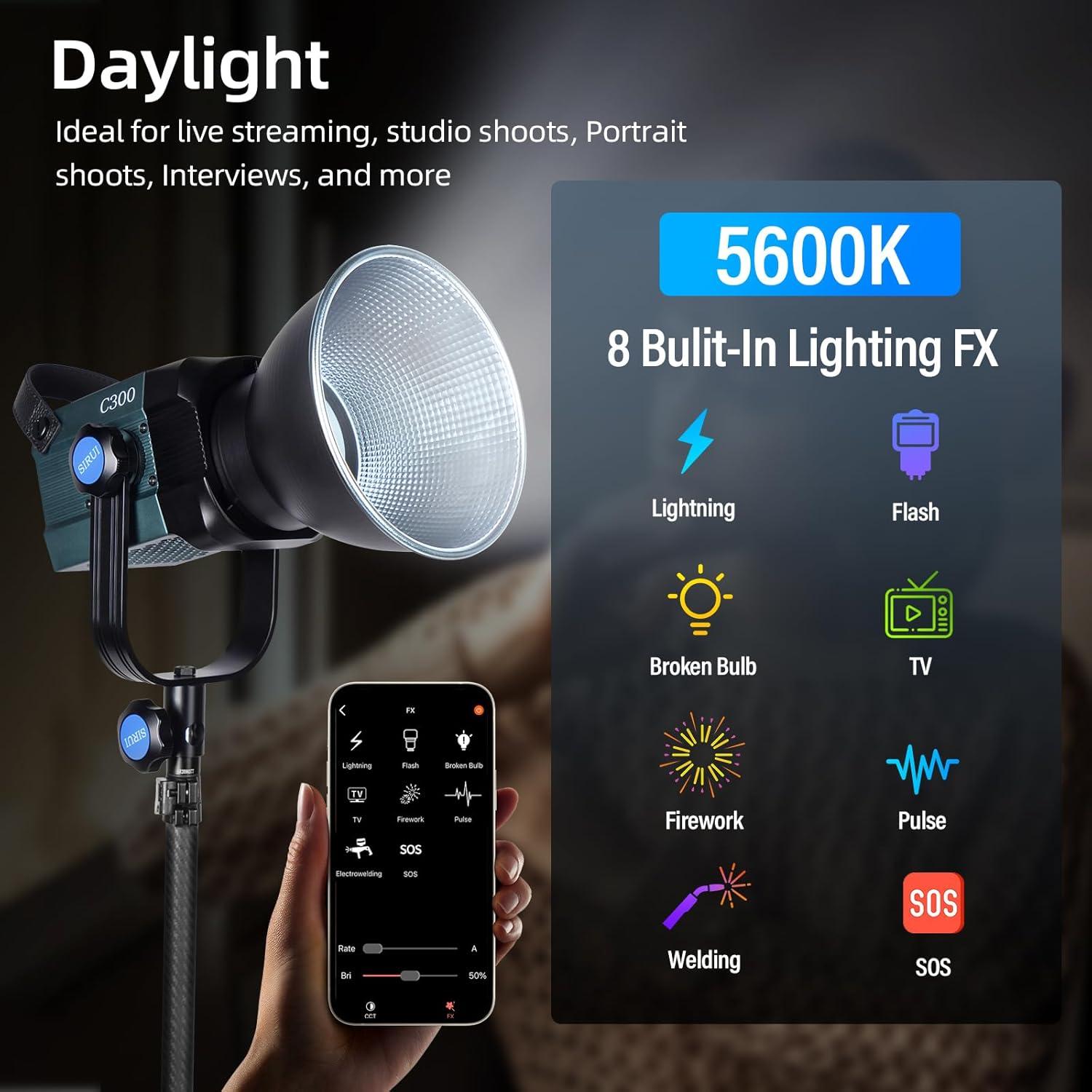 Luz de Video LED SIRUI C300 300W COB 12500Lux 5600K CRI96