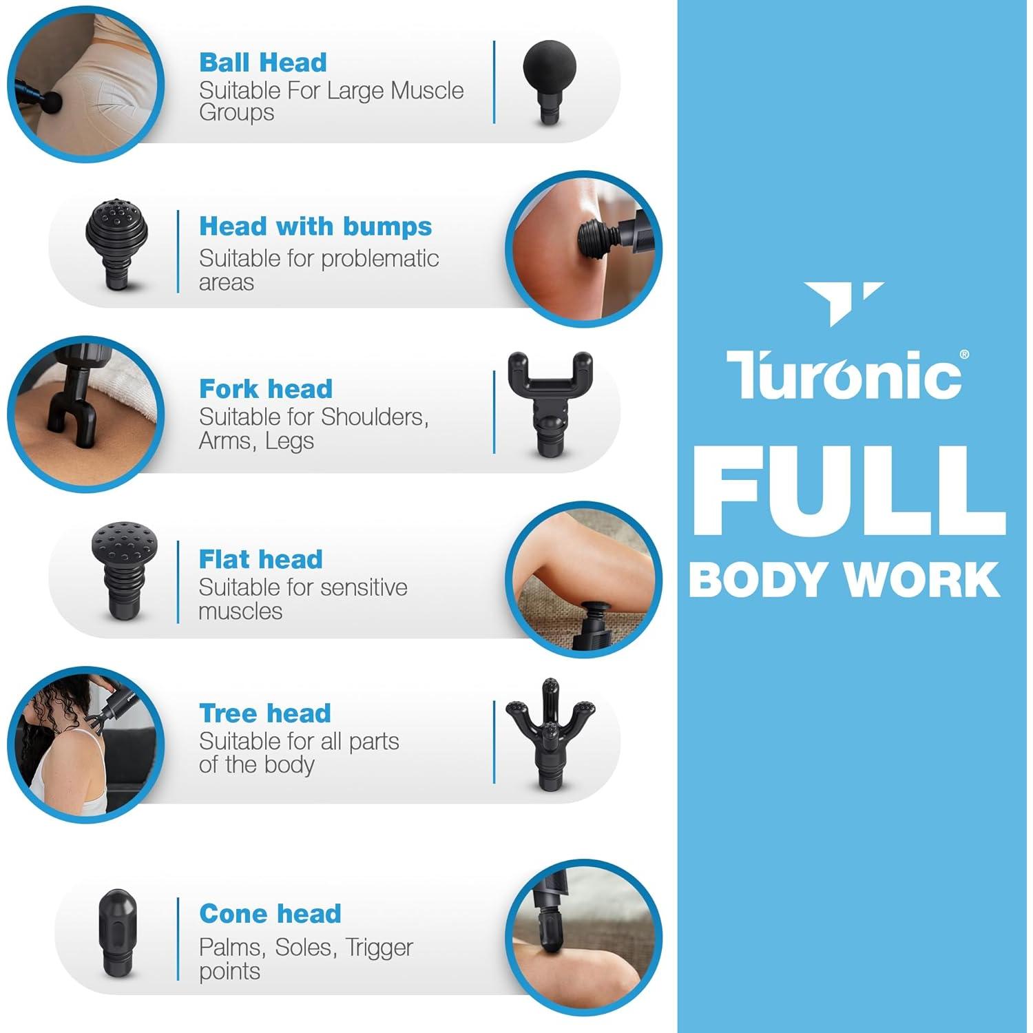 Pistola de Masaje Turonic GM5 - Inalámbrica, 20 Velocidades, 7 Cabezas