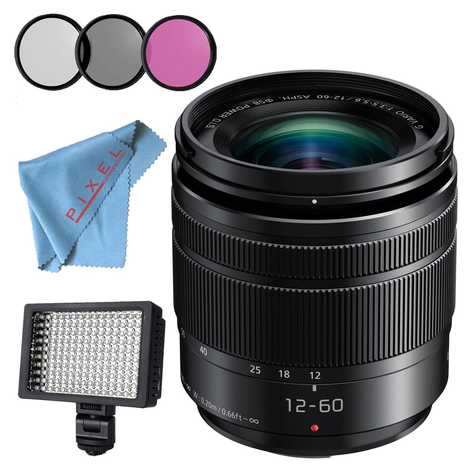Panasonic Lumix G Vario H-FS12060 12-60mm f/3.5-5.6 ASPH. Power O.I.S. Lens + 58mm 3 Piece Filter Kit + Professional 160 LED Video Light Studio Series + Fibercloth Bundle