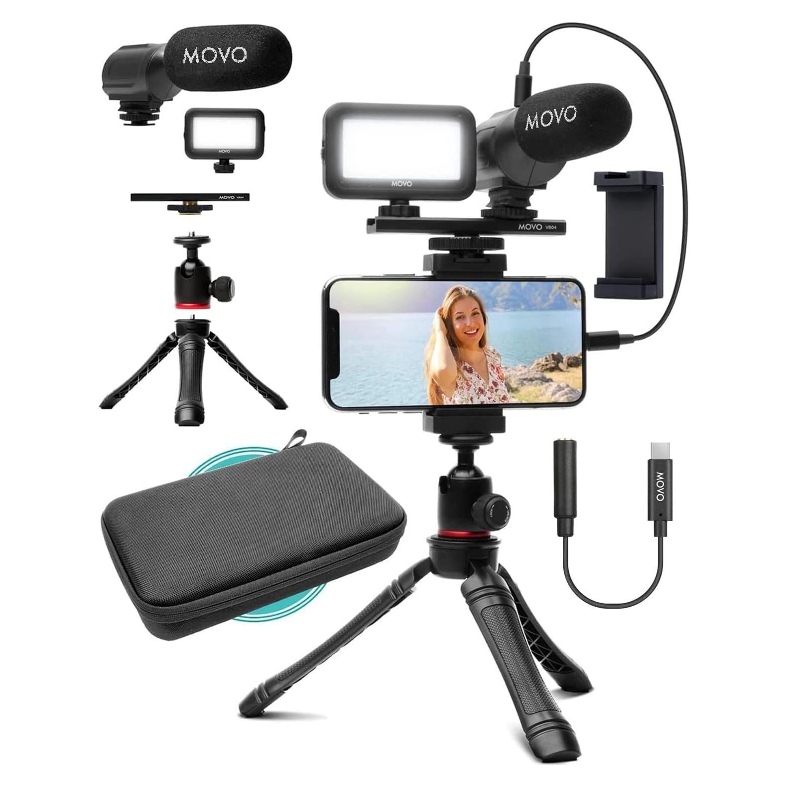 Movo iVlogger- iPhone Android USB Type-C Compatible Vlogging Kit Smartphone Video Kit Accessories: Phone Tripod, Phone Mount, LED Light and Cellphone Shotgun Microphone for YouTube, Vlog