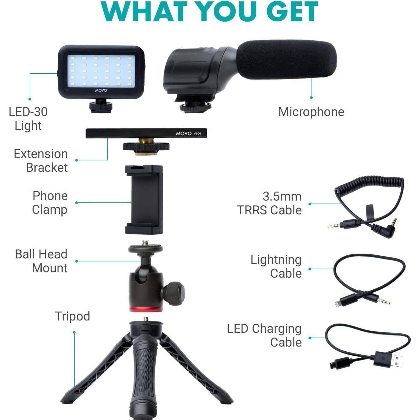 Movo iVlogger- iPhone Android USB Type-C Compatible Vlogging Kit Smartphone Video Kit Accessories: Phone Tripod, Phone Mount, LED Light and Cellphone Shotgun Microphone for YouTube, Vlog