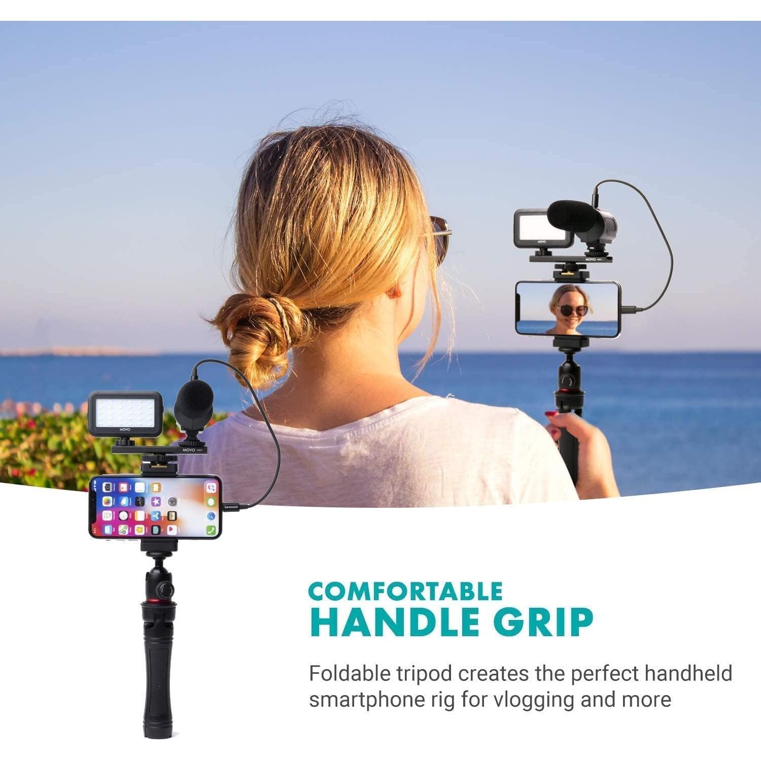Movo iVlogger- iPhone Android USB Type-C Compatible Vlogging Kit Smartphone Video Kit Accessories: Phone Tripod, Phone Mount, LED Light and Cellphone Shotgun Microphone for YouTube, Vlog